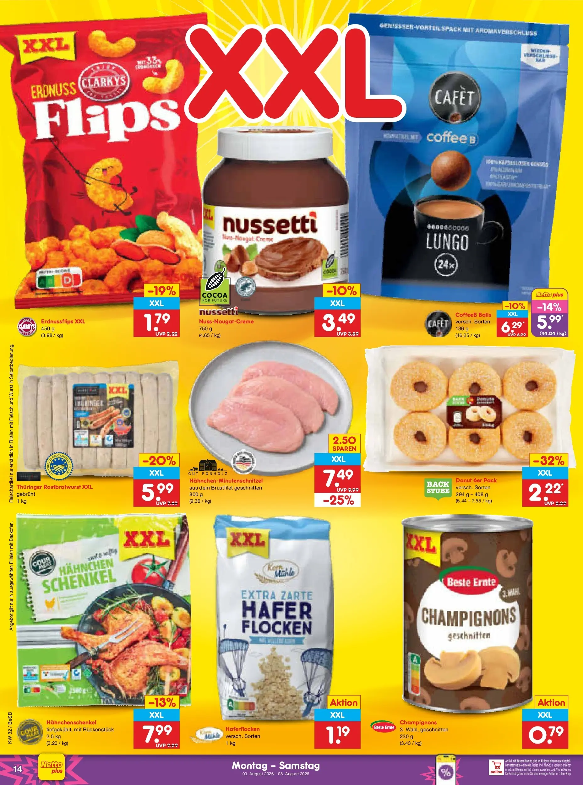Netto Marken-Discount Prospekt Berlin-Prenzlauer Berg (ab 03.08.2026) » Angebote | Seite: 28 | Produkte: Hahnchenschenkel, Wurst, Fleisch, Flocken