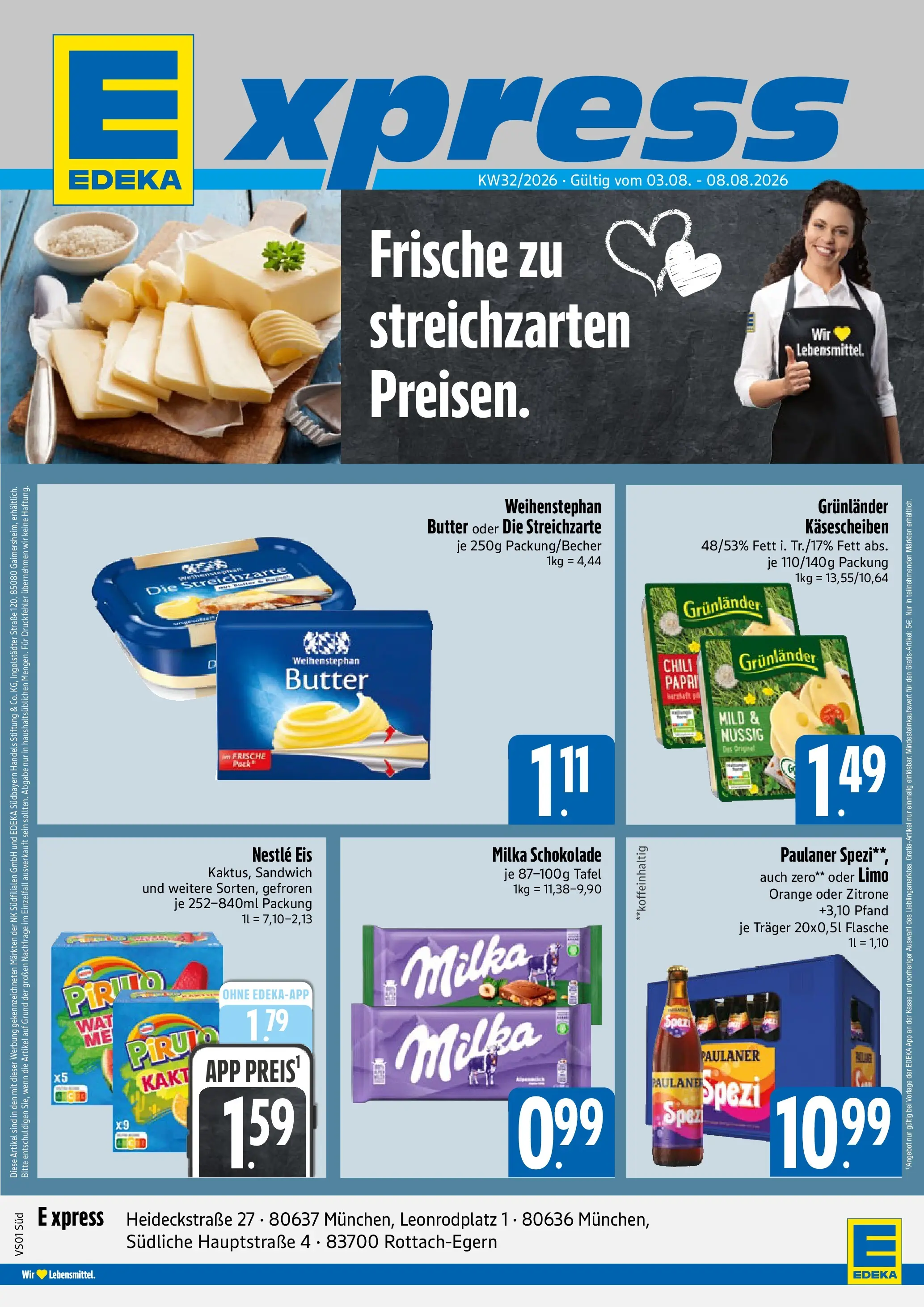 Angebote - E xpress: Wochenangebote (ab 03.08.2026) zum Blättern | Seite: 1 | Produkte: Butter, Milka, Weihenstephan butter, Eis