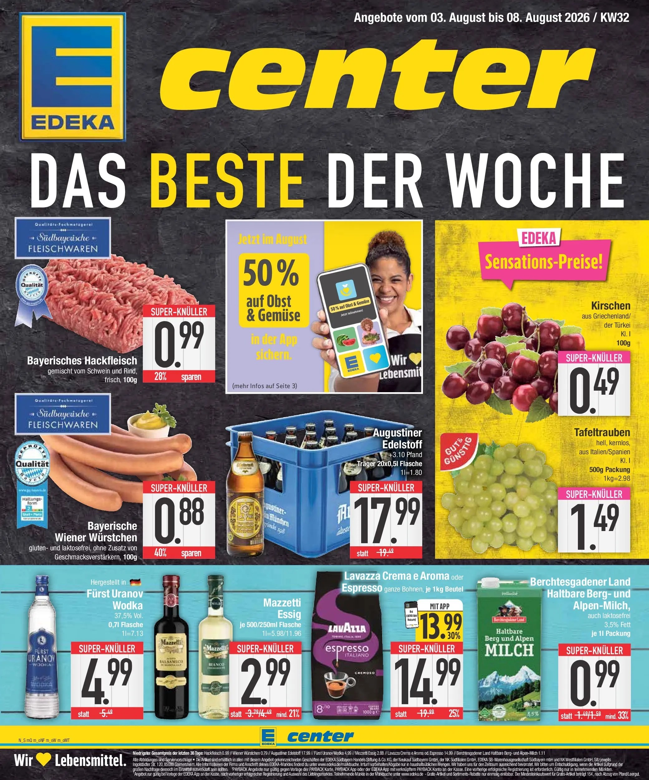 E center Prospekt Bad Reichenhall (ab 03.08.2026) zum Blättern | Seite: 1 | Produkte: Lavazza, Wiener wurstchen, Balsamico, Wodka