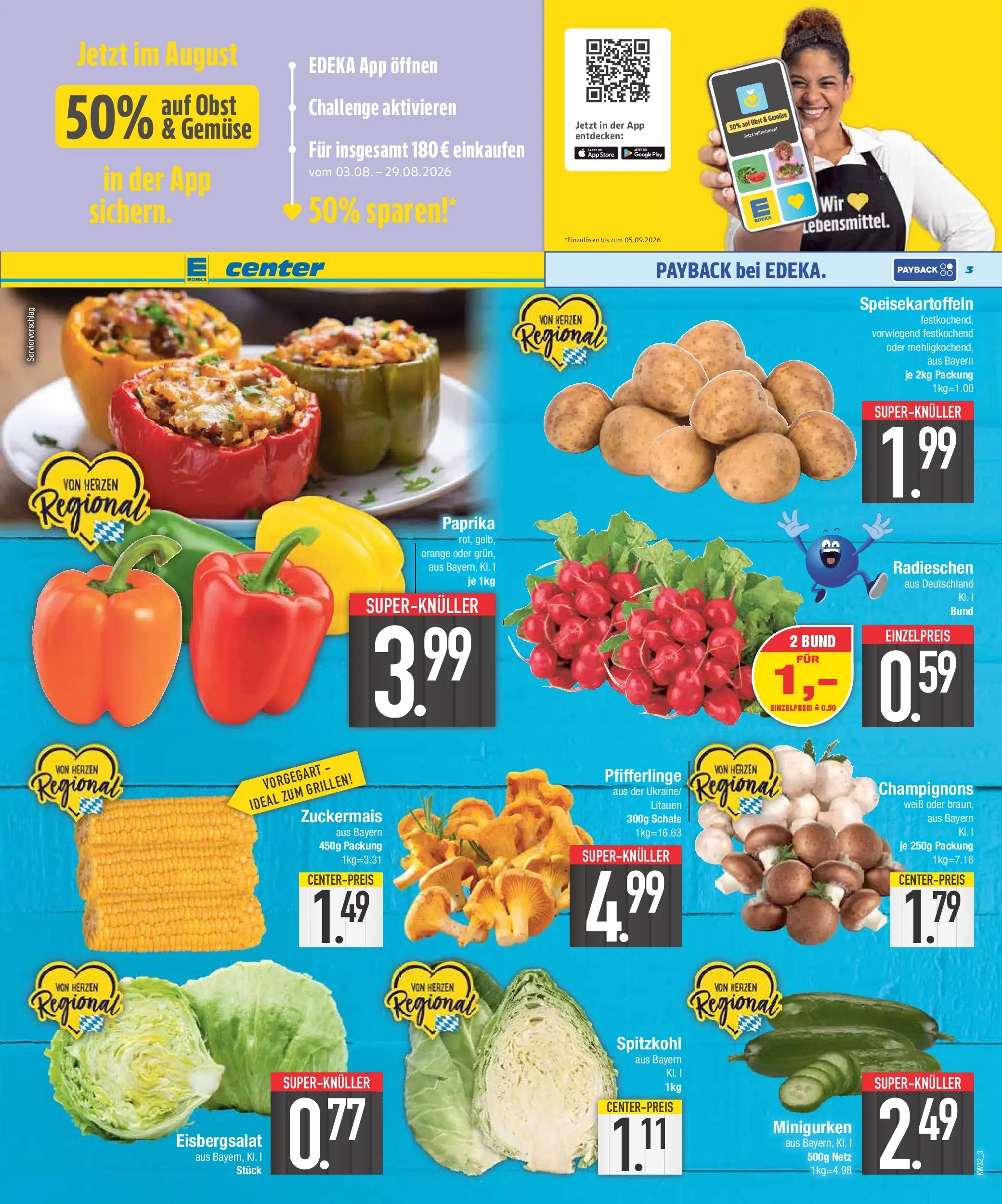 E center Prospekt Bad Reichenhall (ab 03.08.2026) zum Blättern | Seite: 3 | Produkte: Eisbergsalat, Paprika, Obst, Pfifferlinge