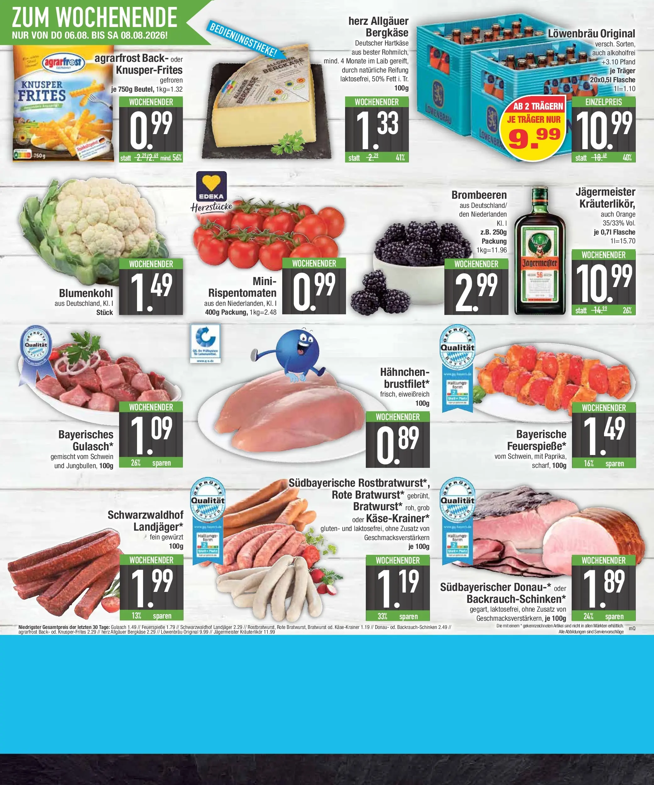 E center Prospekt Bad Reichenhall (ab 03.08.2026) zum Blättern | Seite: 22 | Produkte: Hahnchen, Bratwurst, Gulasch, Blumenkohl