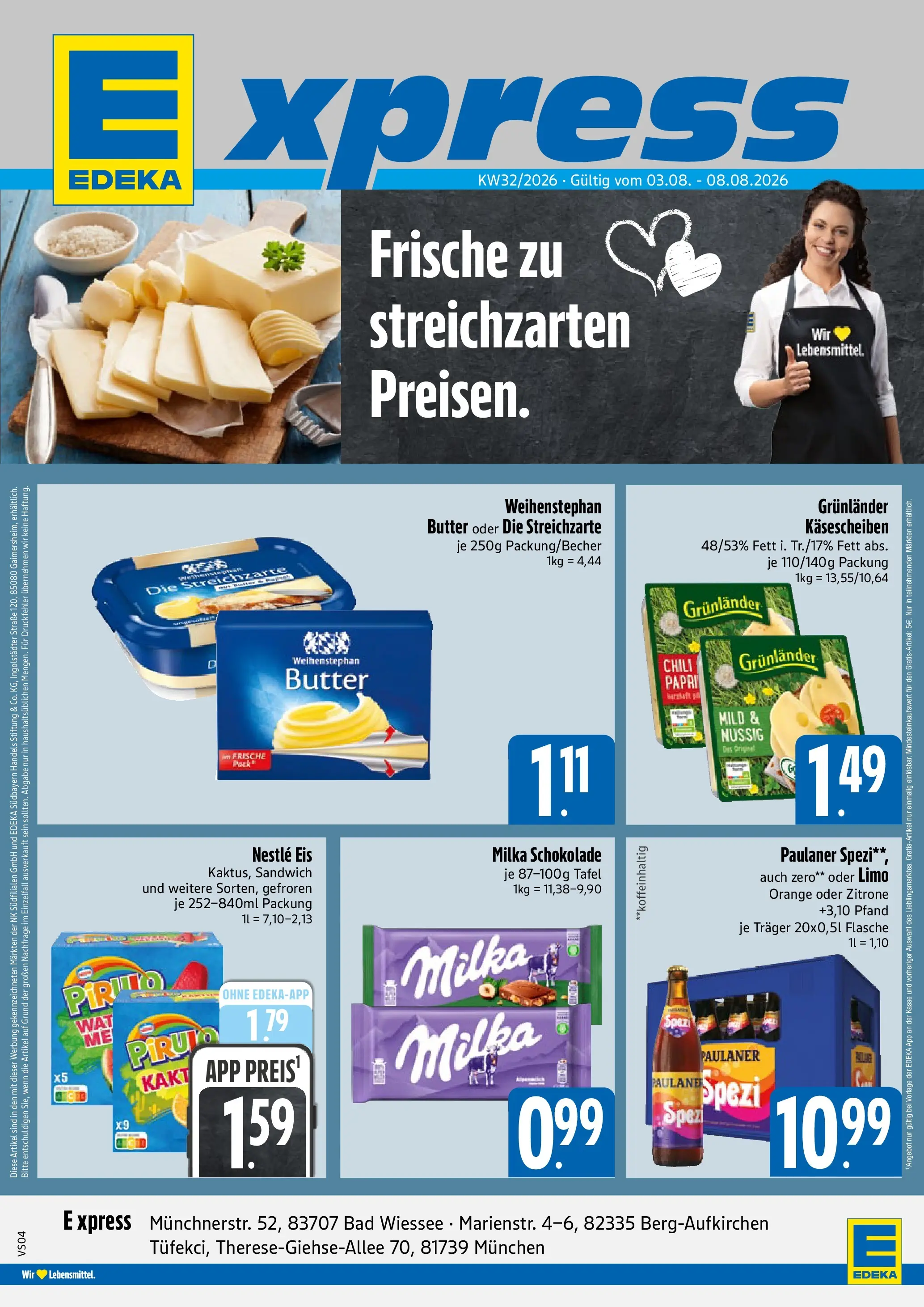 Angebote - E xpress: Wochenangebote (ab 03.08.2026) zum Blättern | Seite: 1 | Produkte: Schokolade, Bad, Milka, Weihenstephan butter