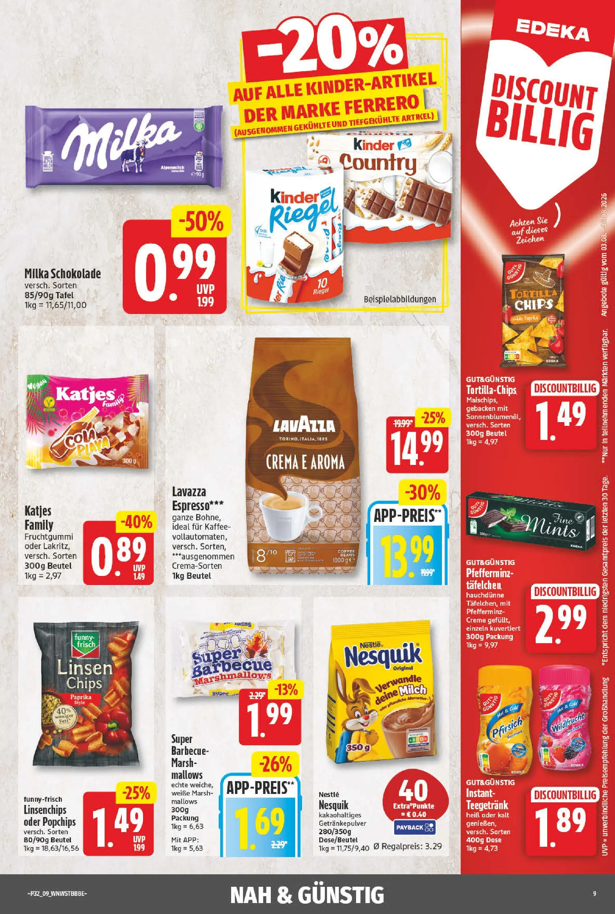 Angebote - Wochenangebote (ab 03.08.2026) zum Blättern | Seite: 9 | Produkte: Nesquik, Milka schokolade, Pfirsich, Chips