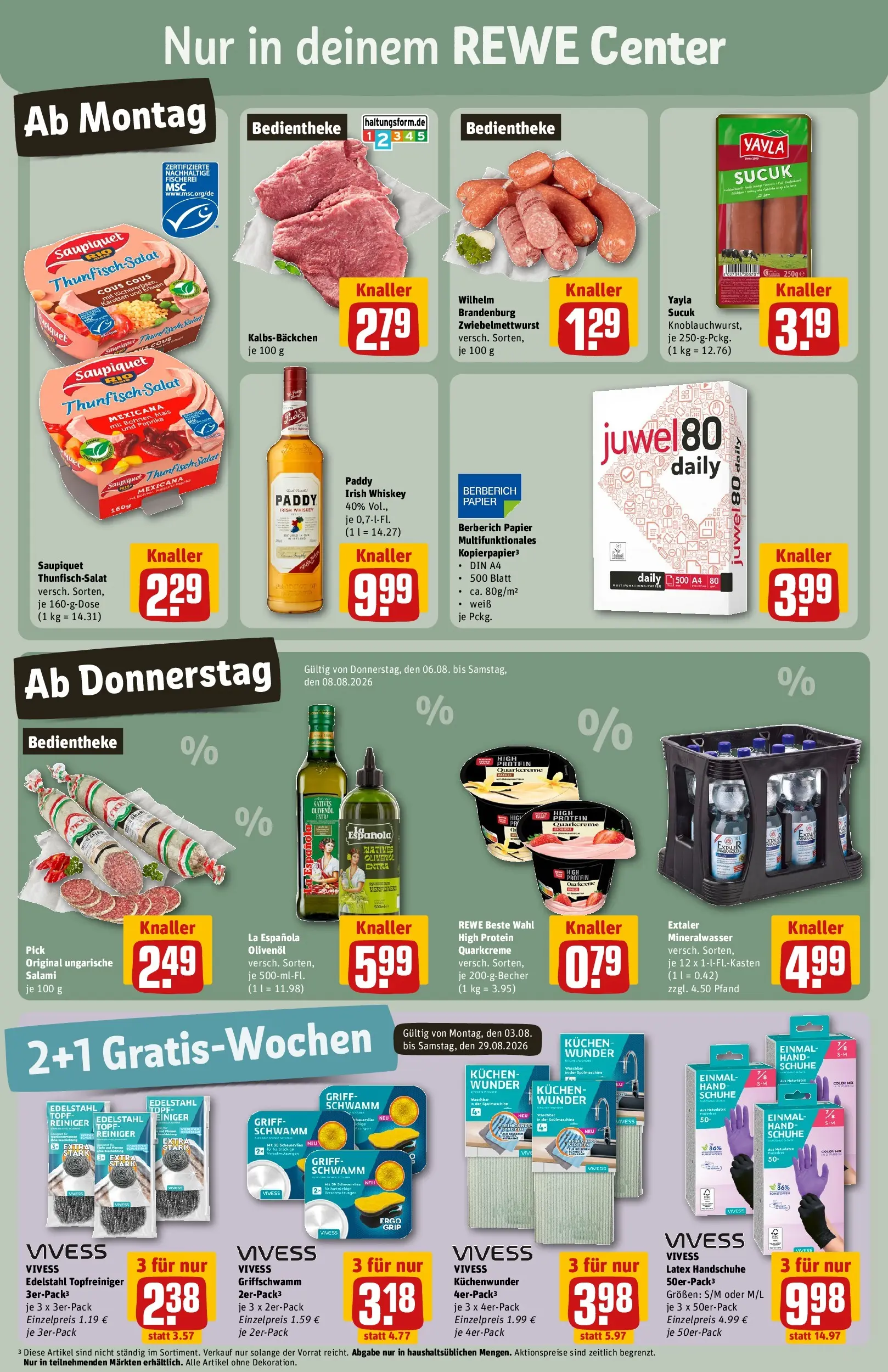 REWE Prospekt ab 03.08.2026 zum Blättern » Angebote | Seite: 3 | Produkte: Olivenol, Mineralwasser, Handschuhe, Whiskey