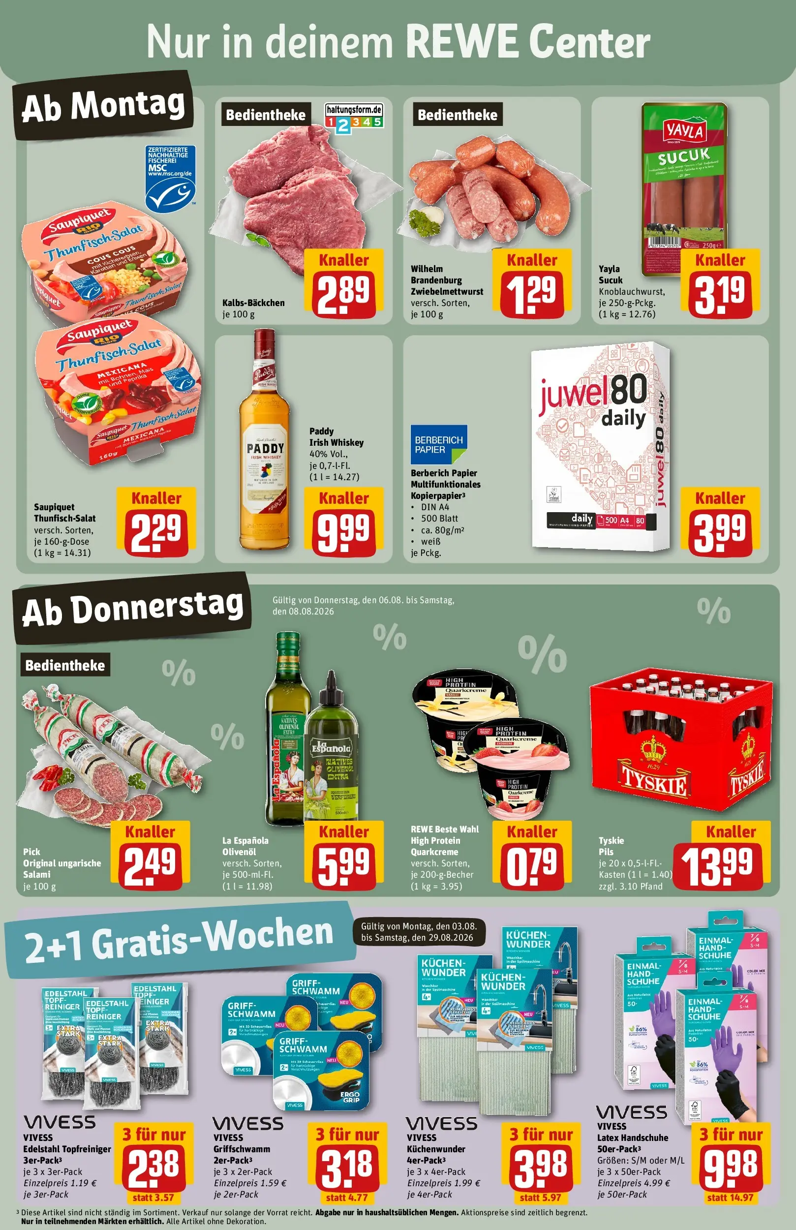 REWE Prospekt ab 03.08.2026 zum Blättern » Angebote | Seite: 3 | Produkte: Pils, Kuchen, Whiskey, Salat