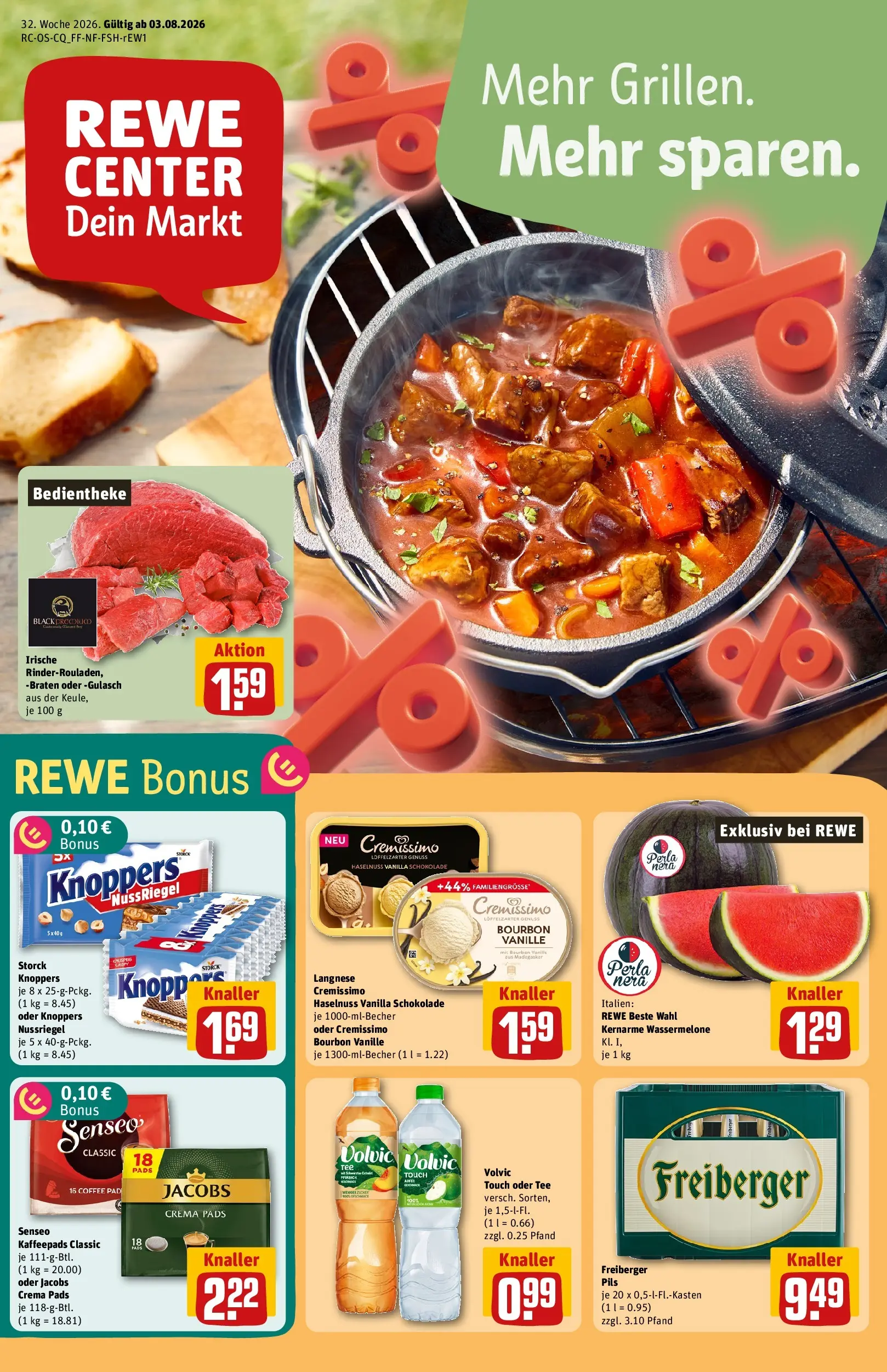 REWE Prospekt ab 03.08.2026 zum Blättern » Angebote | Seite: 1 | Produkte: Kaffeepads, Knoppers, Wassermelone, Tee