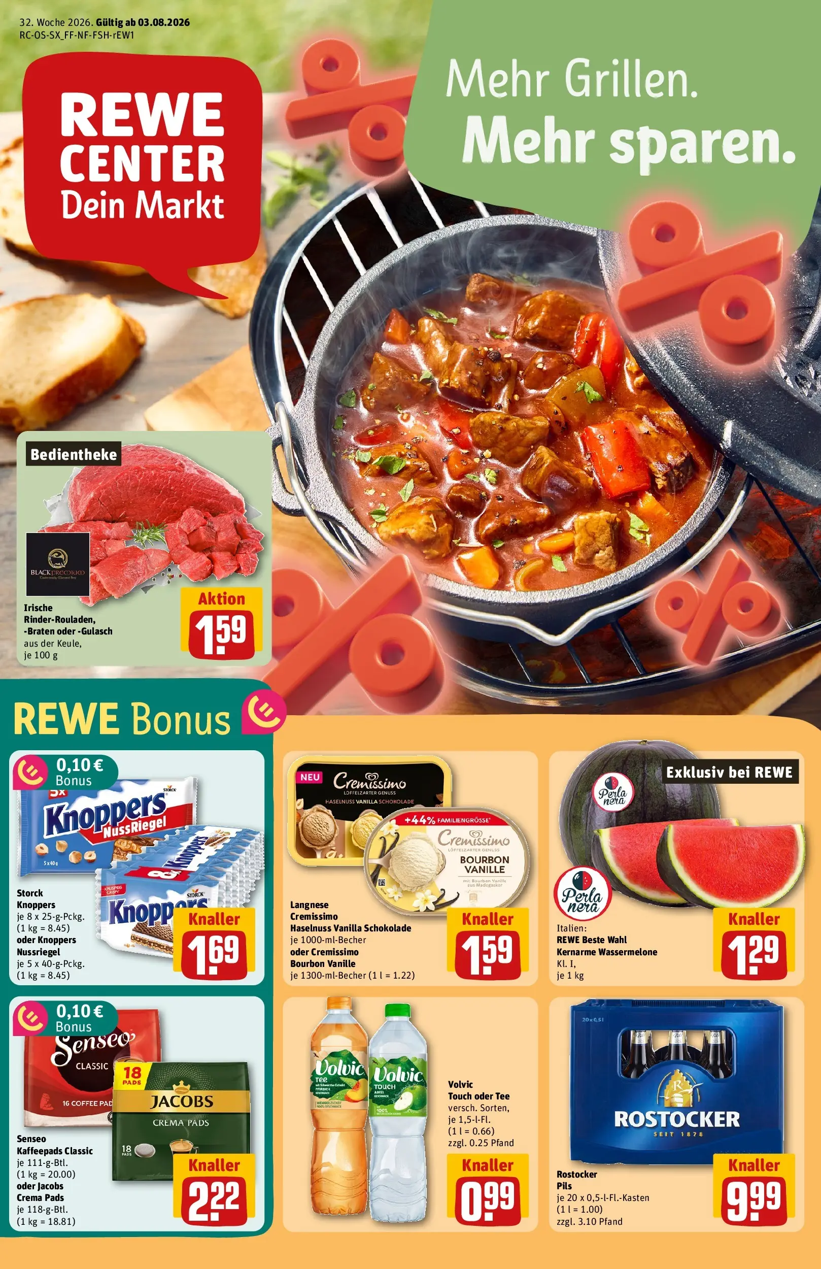 REWE Prospekt ab 03.08.2026 zum Blättern » Angebote | Seite: 1 | Produkte: Langnese, Cremissimo, Schokolade, Knoppers