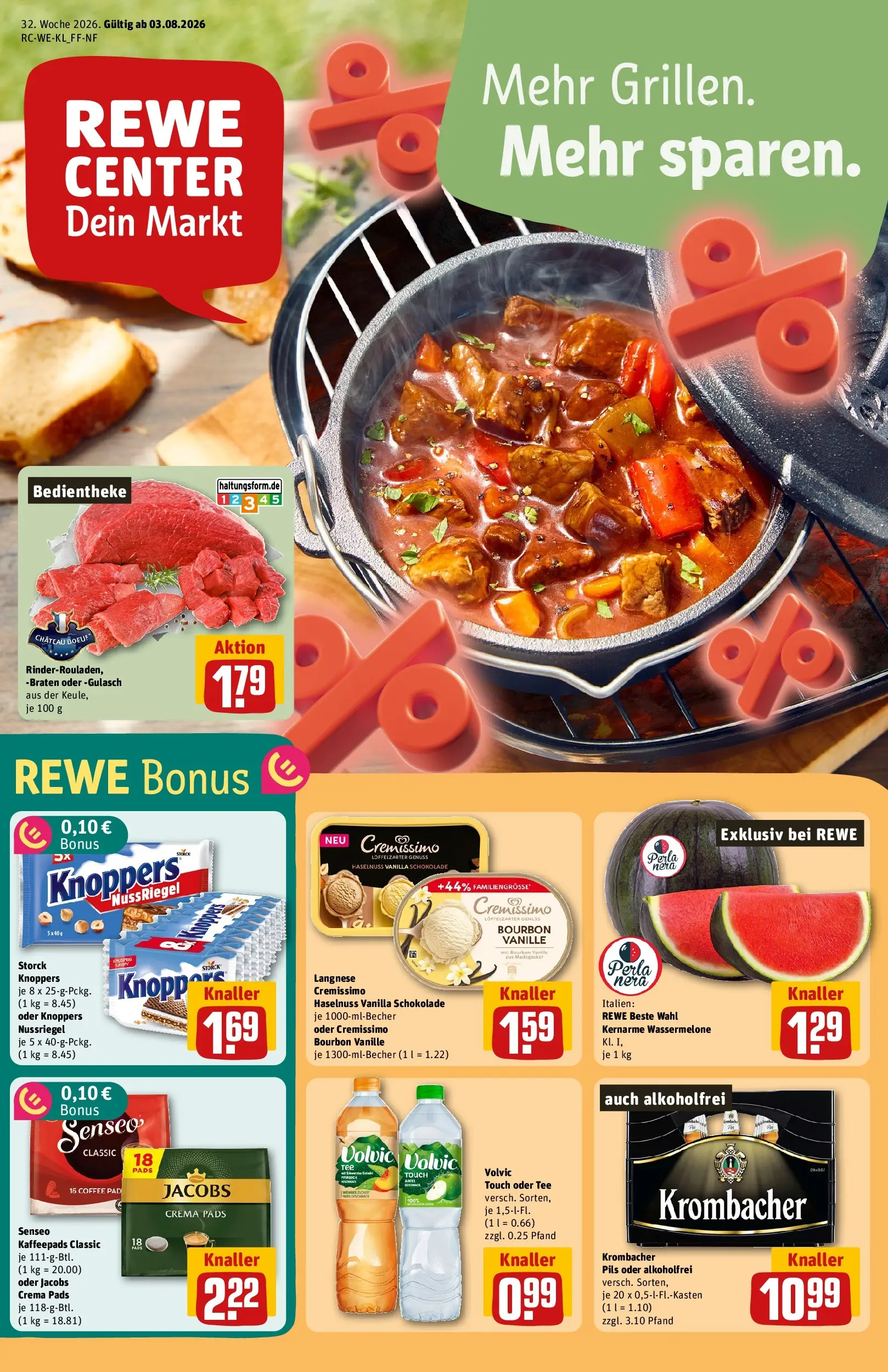 REWE Prospekt ab 03.08.2026 zum Blättern » Angebote | Seite: 1 | Produkte: Langnese, Cremissimo, Schokolade, Pils