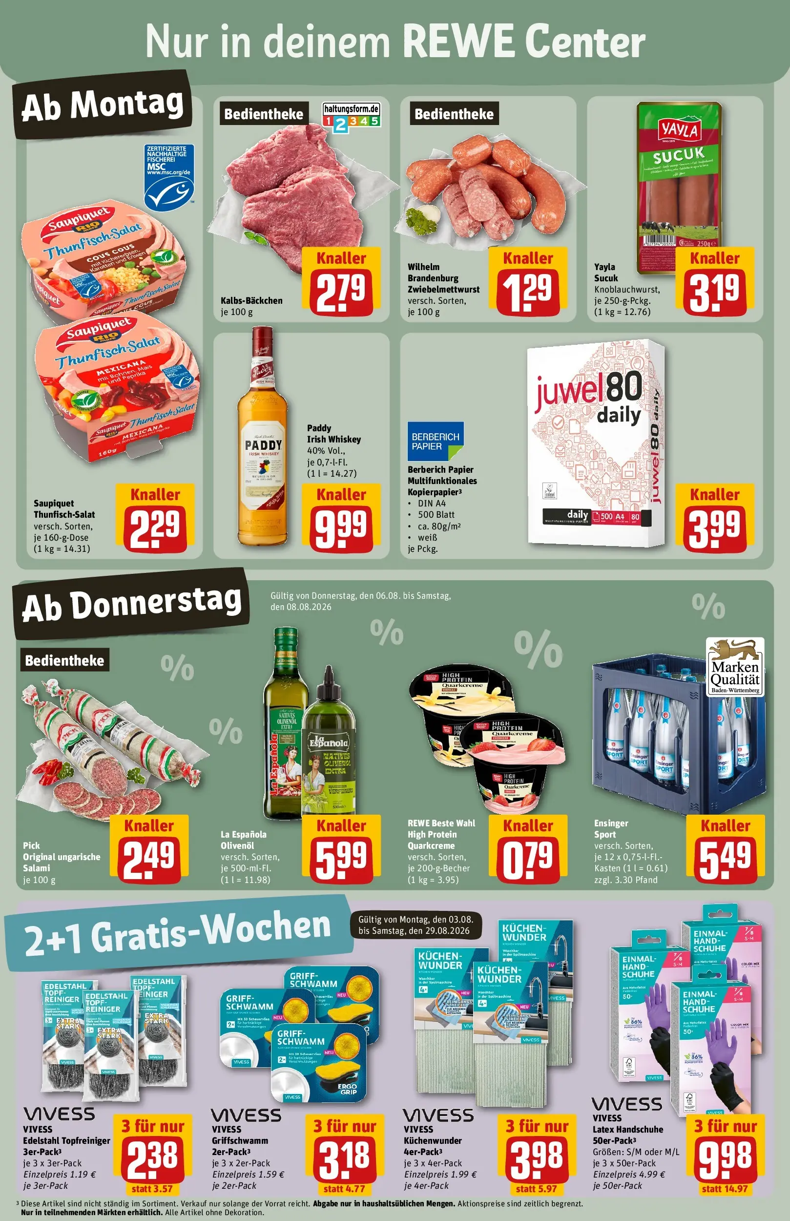 REWE Prospekt ab 03.08.2026 zum Blättern » Angebote | Seite: 3 | Produkte: Thunfisch, Salami, Handschuhe, Whiskey