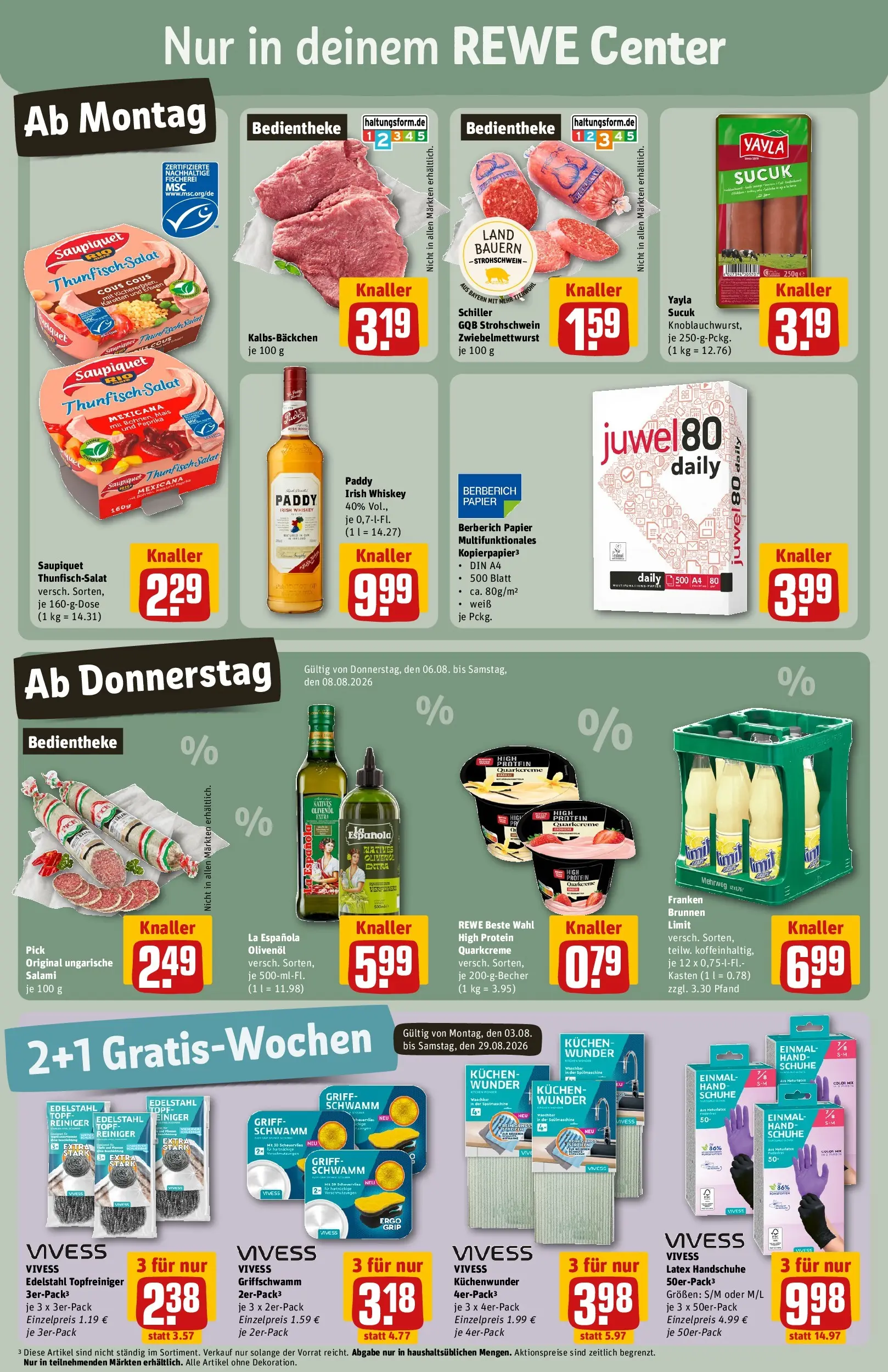 REWE Prospekt ab 03.08.2026 zum Blättern » Angebote | Seite: 3 | Produkte: Olivenol, Paprika, Handschuhe, Whiskey