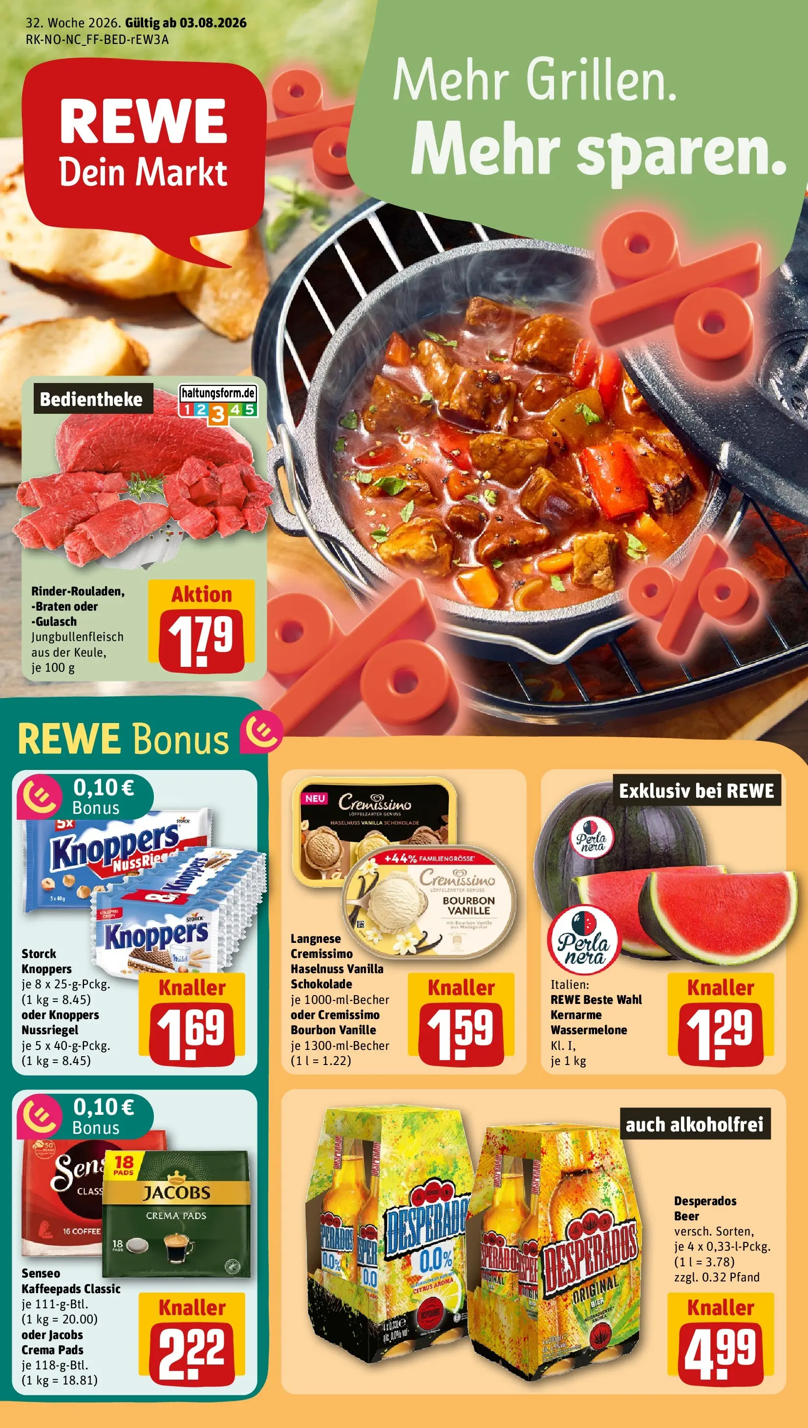 REWE Prospekt ab 03.08.2026 zum Blättern » Angebote | Seite: 1 | Produkte: Kaffeepads, Schokolade, Bier, Desperados