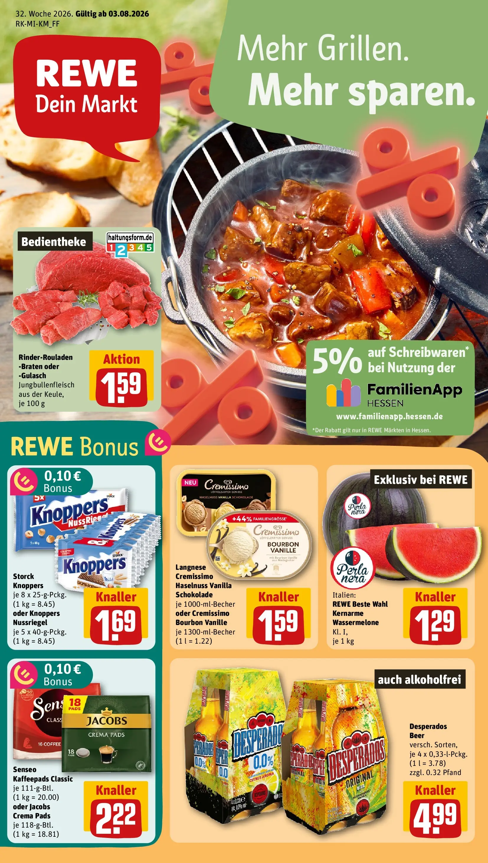 REWE Prospekt ab 03.08.2026 zum Blättern » Angebote | Seite: 1 | Produkte: Langnese, Desperados, Knoppers, Bourbon