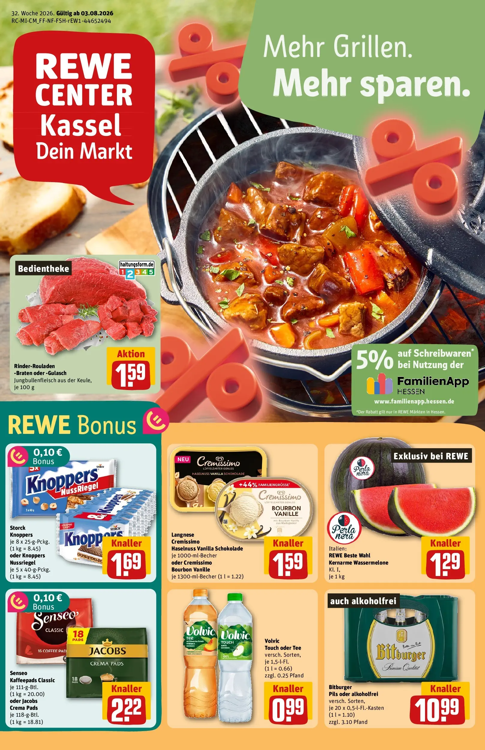 REWE Prospekt ab 03.08.2026 zum Blättern » Angebote | Seite: 1 | Produkte: Rinderrouladen, Schokolade, Gulasch, Tee