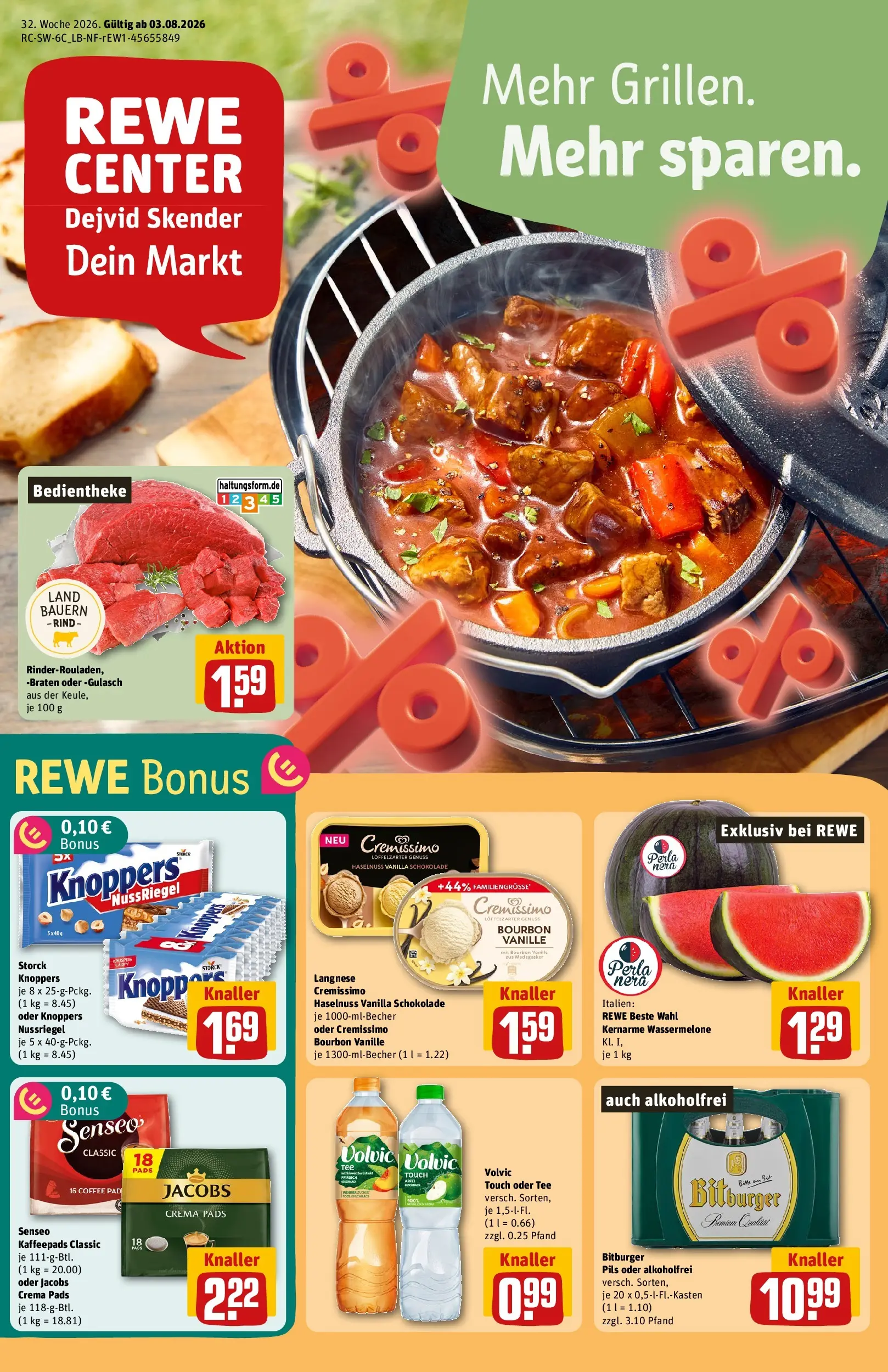 REWE Prospekt ab 03.08.2026 zum Blättern » Angebote | Seite: 1 | Produkte: Cremissimo, Schokolade, Wassermelone, Bourbon