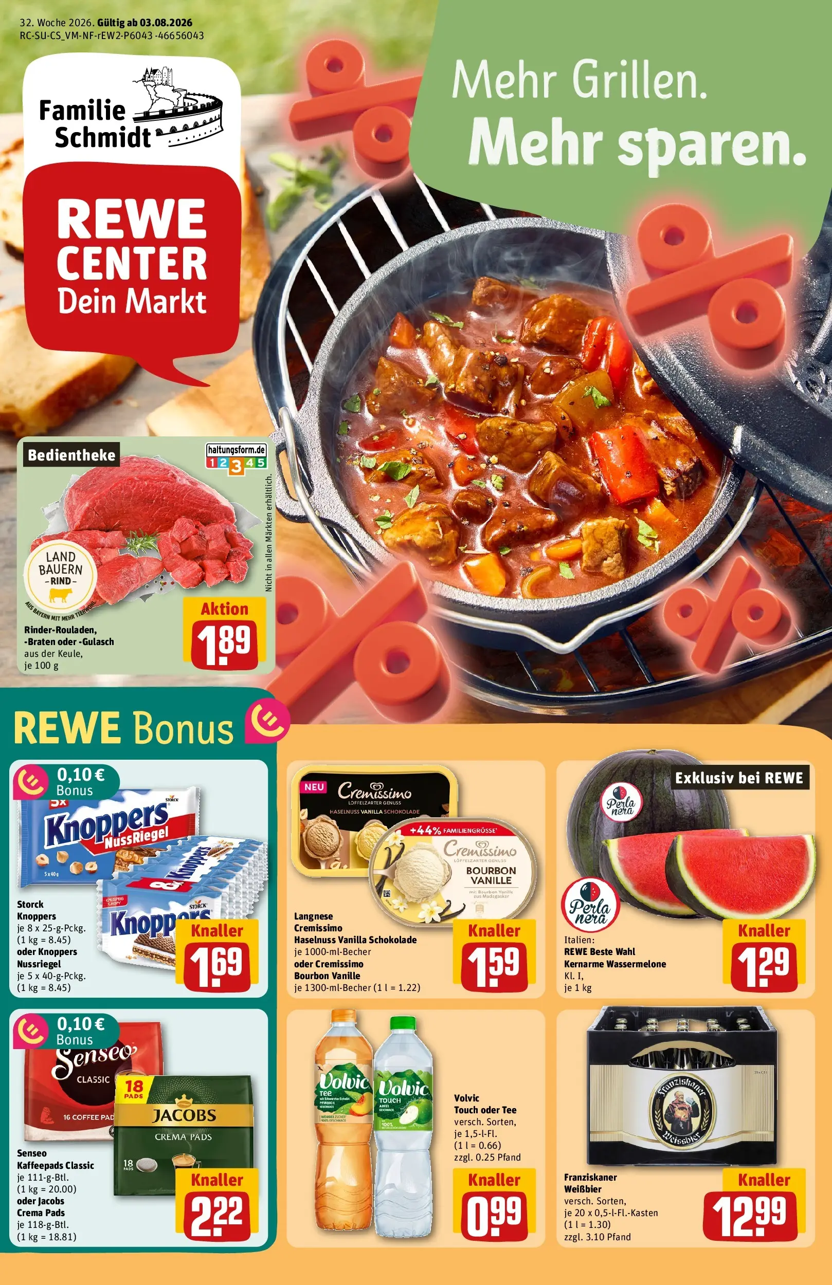 REWE Prospekt ab 03.08.2026 zum Blättern » Angebote | Seite: 1 | Produkte: Senseo, Schokolade, Pfirsich, Volvic