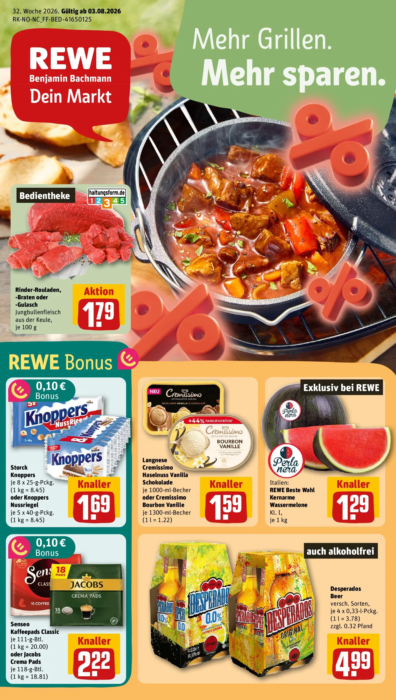 REWE Prospekt ab 03.08.2026 zum Blättern » Angebote | Seite: 1 | Produkte: Kaffeepads, Cremissimo, Desperados, Wassermelone