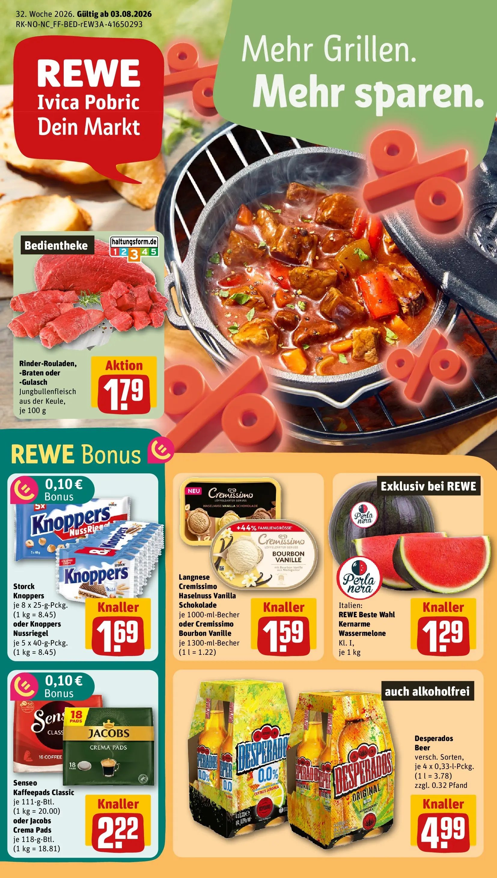 REWE Prospekt ab 03.08.2026 zum Blättern » Angebote | Seite: 1 | Produkte: Langnese, Kaffeepads, Desperados, Senseo kaffeepads