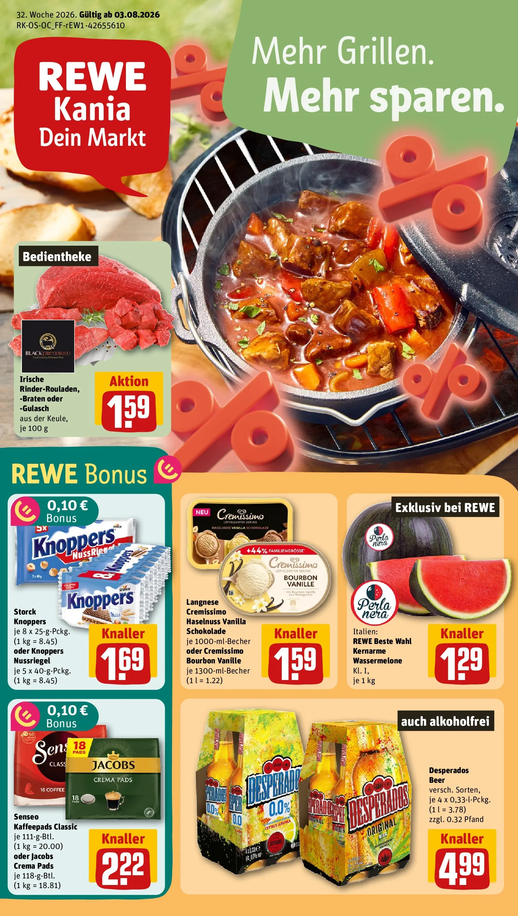 REWE Prospekt ab 03.08.2026 zum Blättern » Angebote | Seite: 1 | Produkte: Langnese, Kaffeepads, Bier, Wassermelone