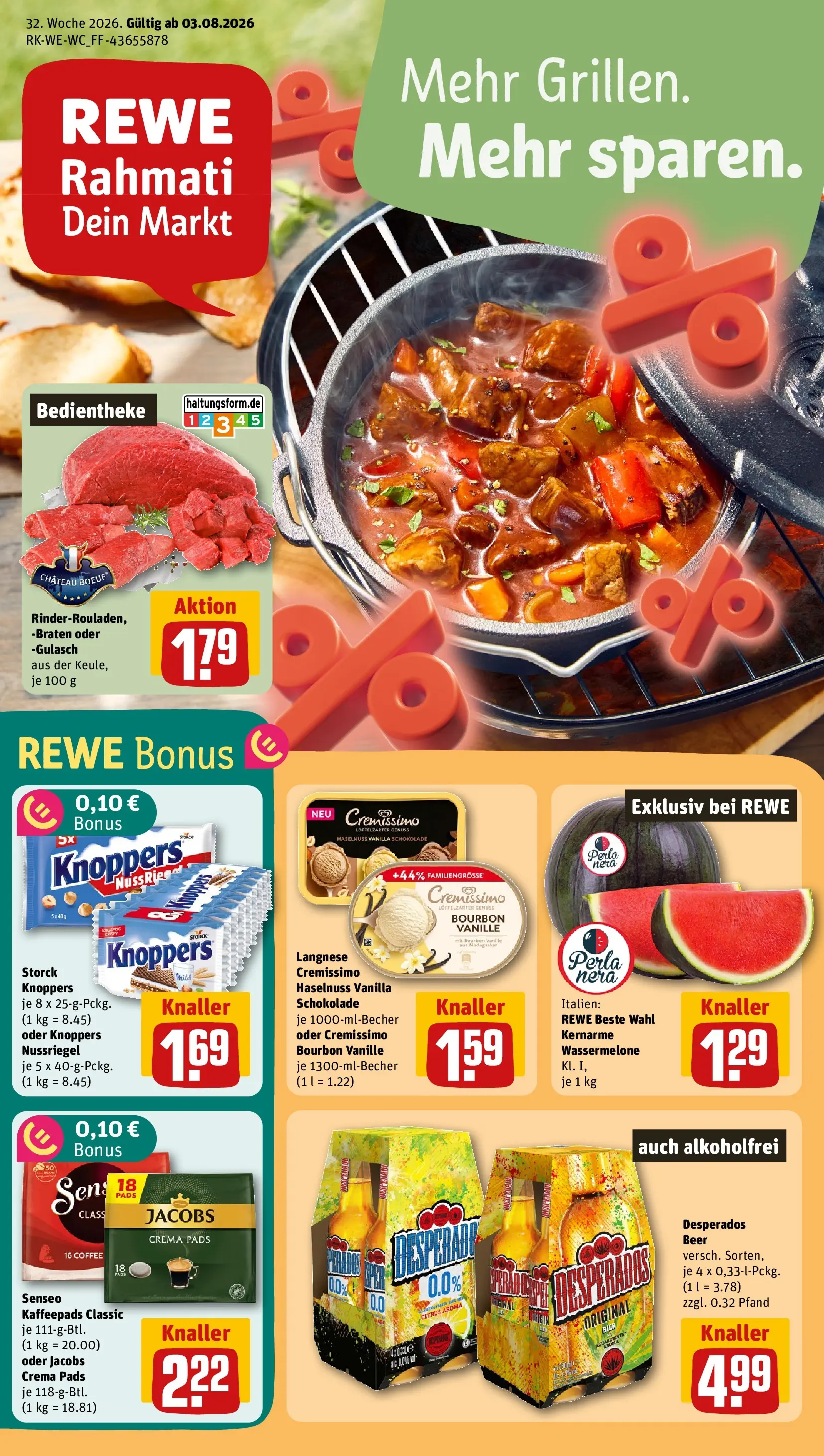 REWE Prospekt ab 03.08.2026 zum Blättern » Angebote | Seite: 1 | Produkte: Langnese, Bier, Gulasch, Desperados
