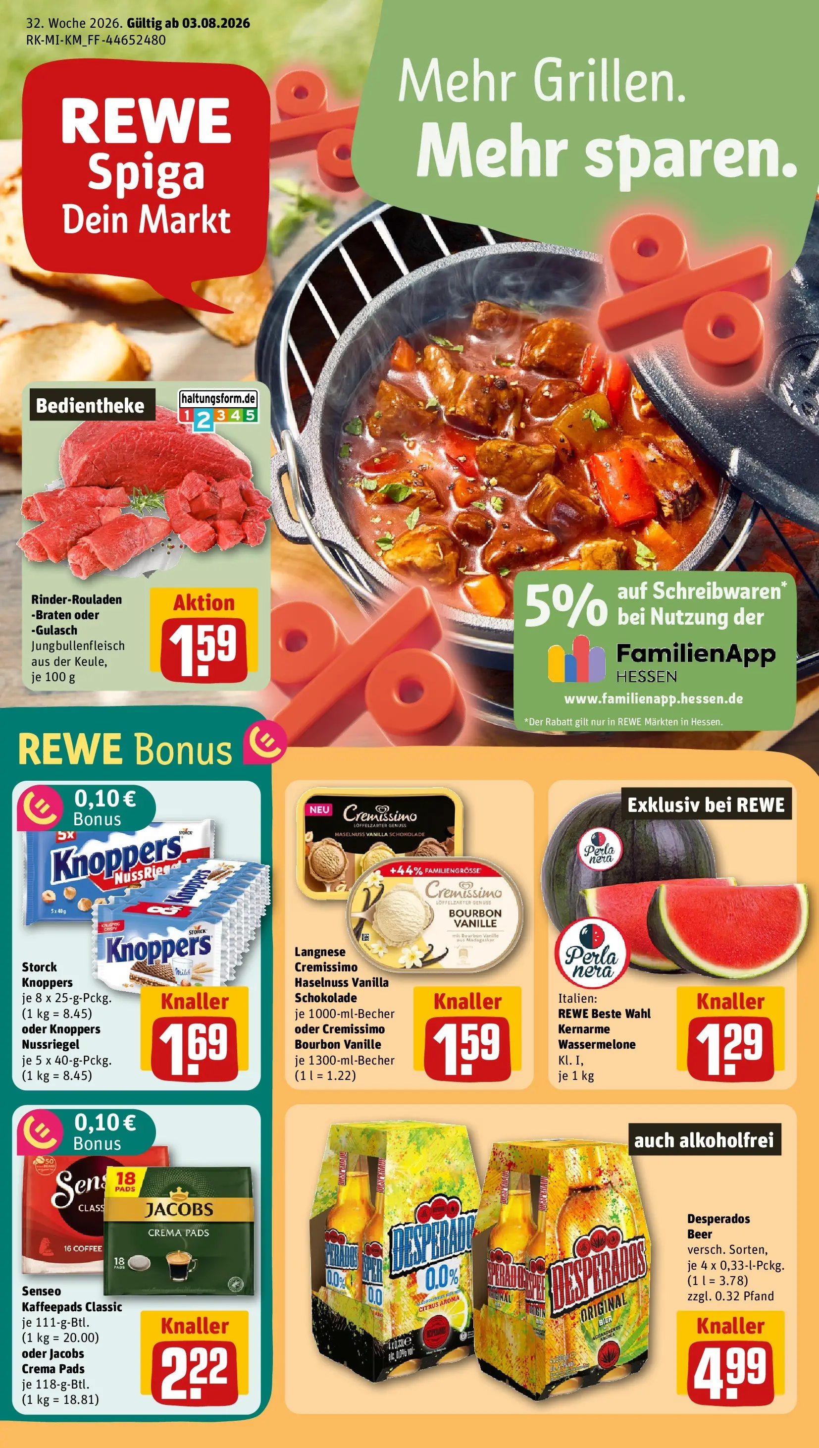 REWE Prospekt ab 03.08.2026 zum Blättern » Angebote | Seite: 1 | Produkte: Kaffeepads, Cremissimo, Desperados, Wassermelone