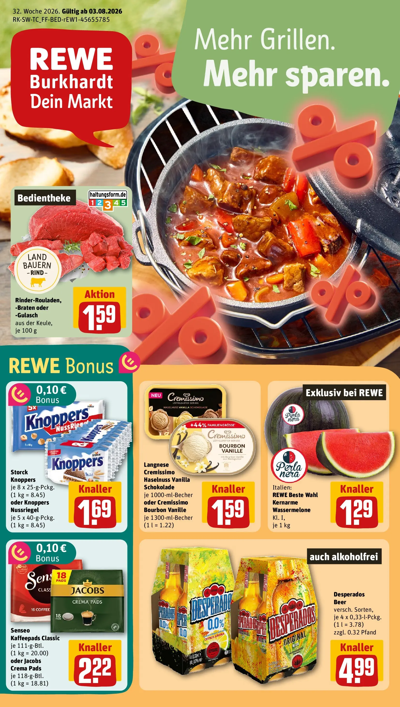 REWE Prospekt ab 03.08.2026 zum Blättern » Angebote | Seite: 1 | Produkte: Langnese, Kaffeepads, Cremissimo, Schokolade