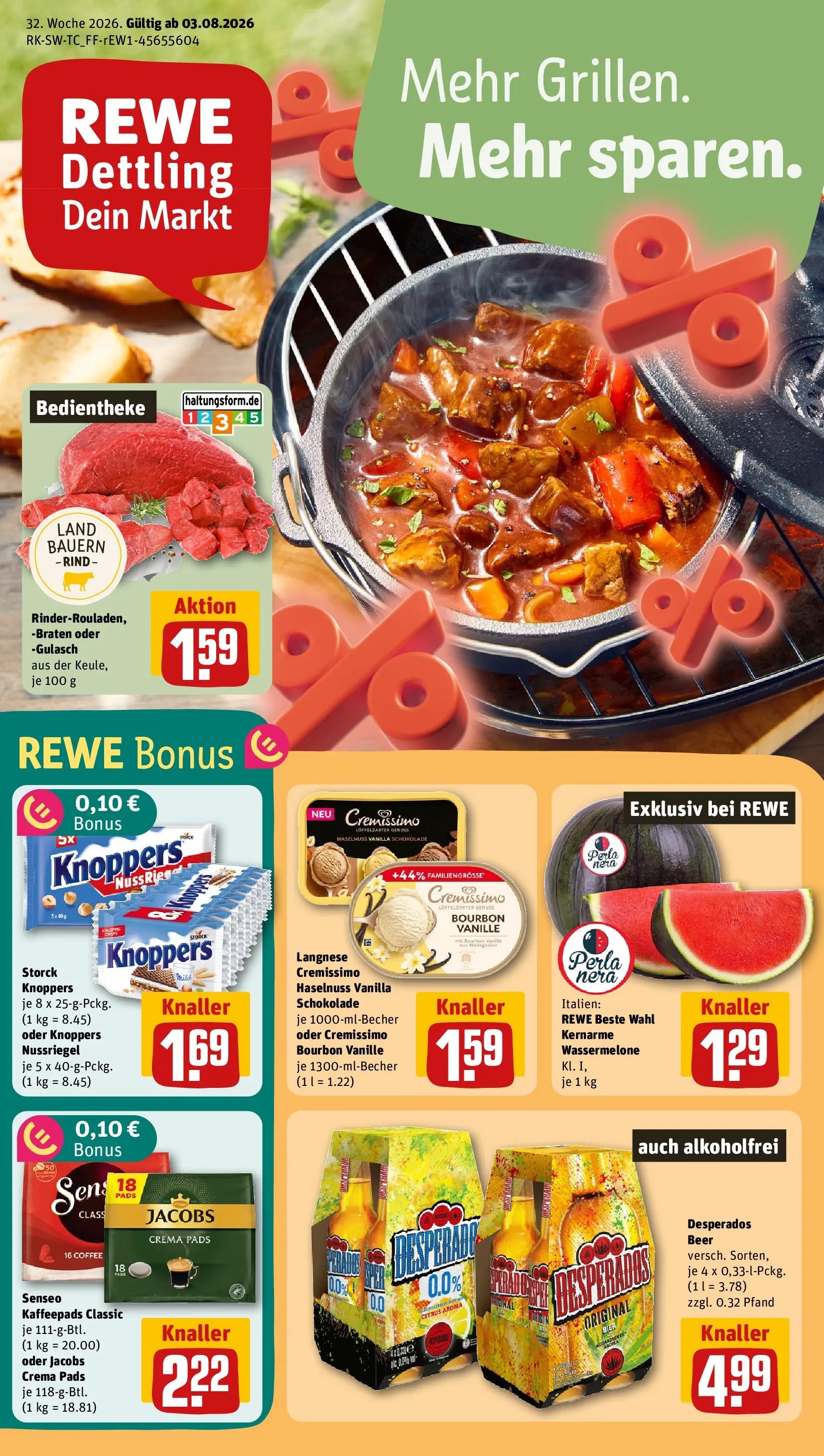 REWE Prospekt ab 03.08.2026 zum Blättern » Angebote | Seite: 1 | Produkte: Kaffeepads, Cremissimo, Gulasch, Knoppers