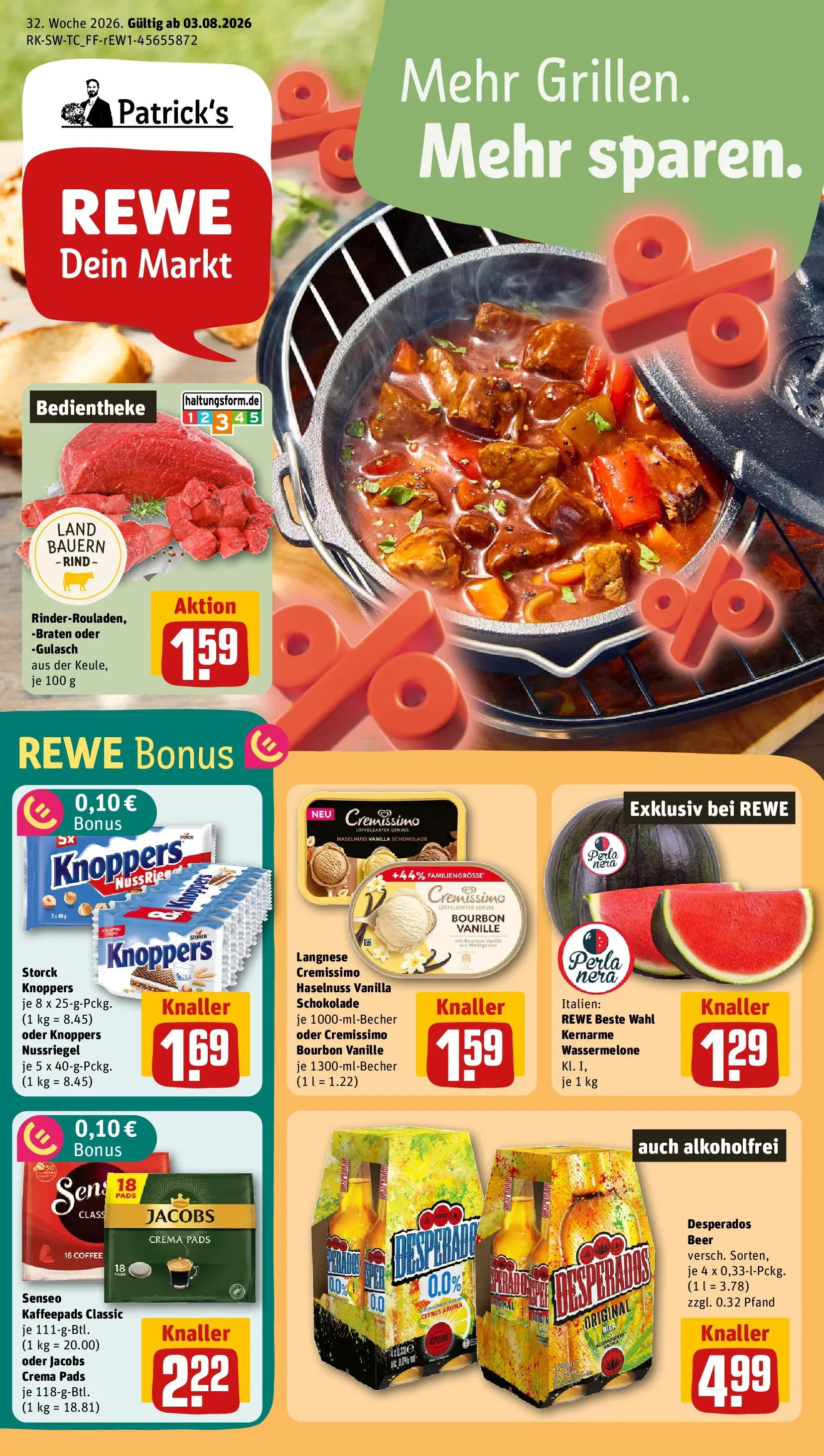 REWE Prospekt ab 03.08.2026 zum Blättern » Angebote | Seite: 1 | Produkte: Kaffeepads, Schokolade, Gulasch, Wassermelone