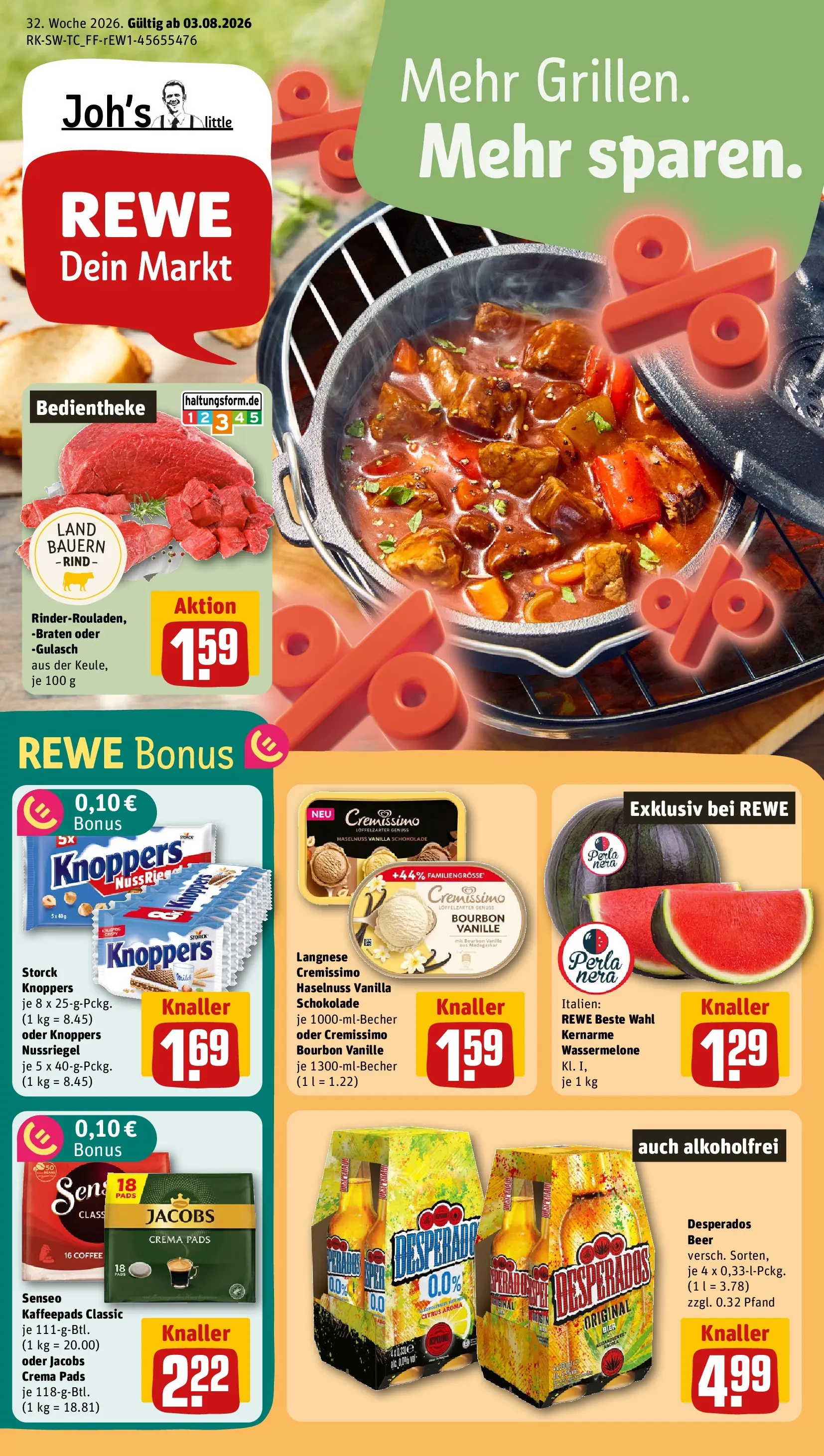 REWE Prospekt ab 03.08.2026 zum Blättern » Angebote | Seite: 1 | Produkte: Langnese, Bier, Desperados, Wassermelone