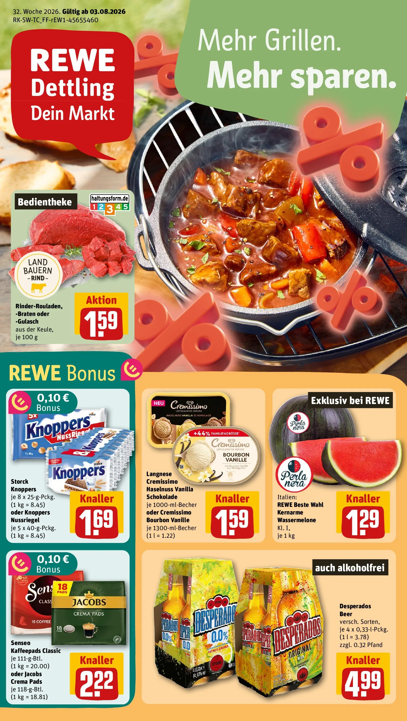 REWE Prospekt ab 03.08.2026 zum Blättern » Angebote | Seite: 1 | Produkte: Senseo, Desperados, Senseo kaffeepads, Bourbon