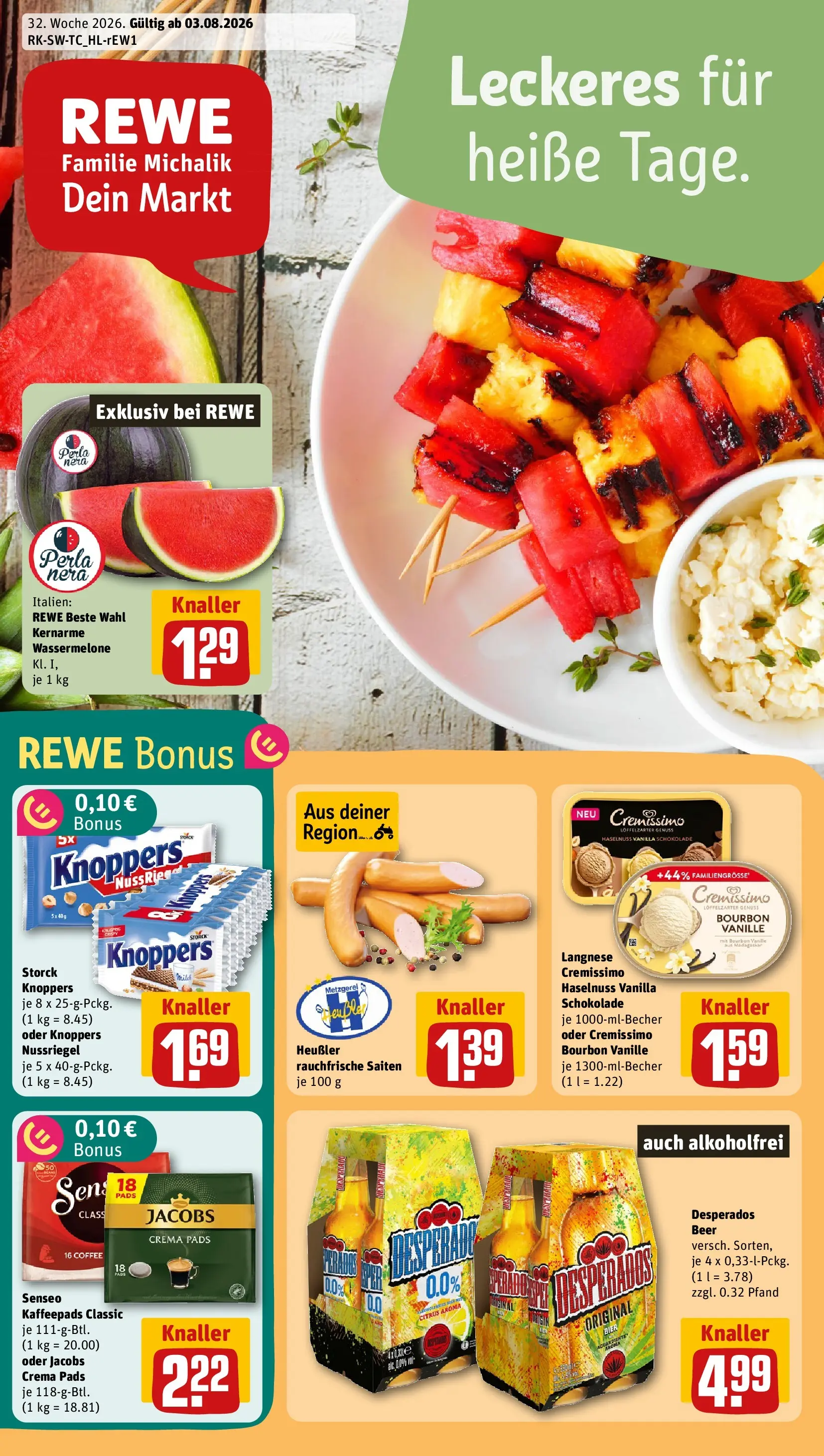 REWE Prospekt ab 03.08.2026 zum Blättern » Angebote | Seite: 1 | Produkte: Senseo, Bier, Knoppers, Bourbon