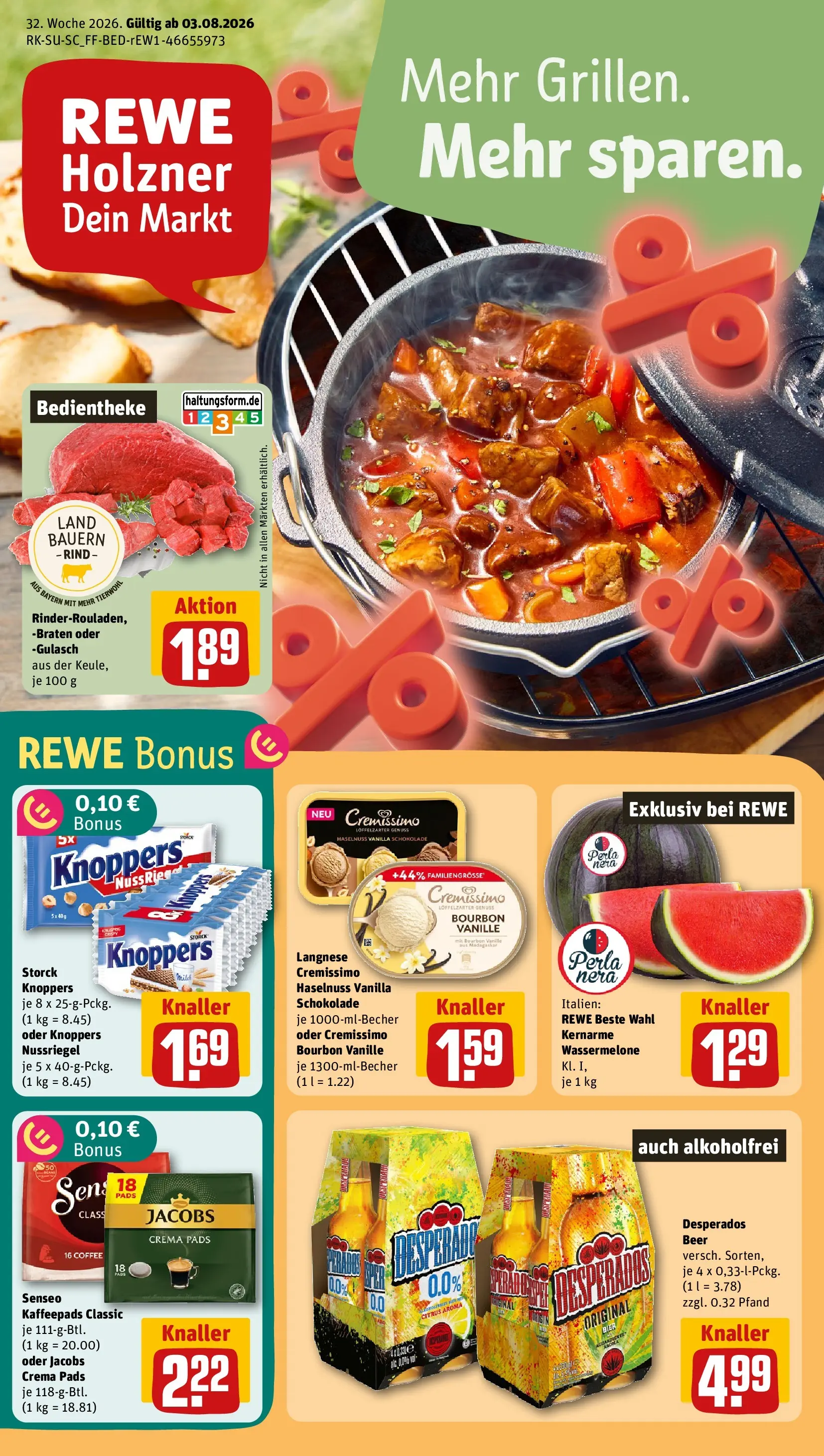 REWE Prospekt ab 03.08.2026 zum Blättern » Angebote | Seite: 1 | Produkte: Kaffeepads, Desperados, Knoppers, Bourbon