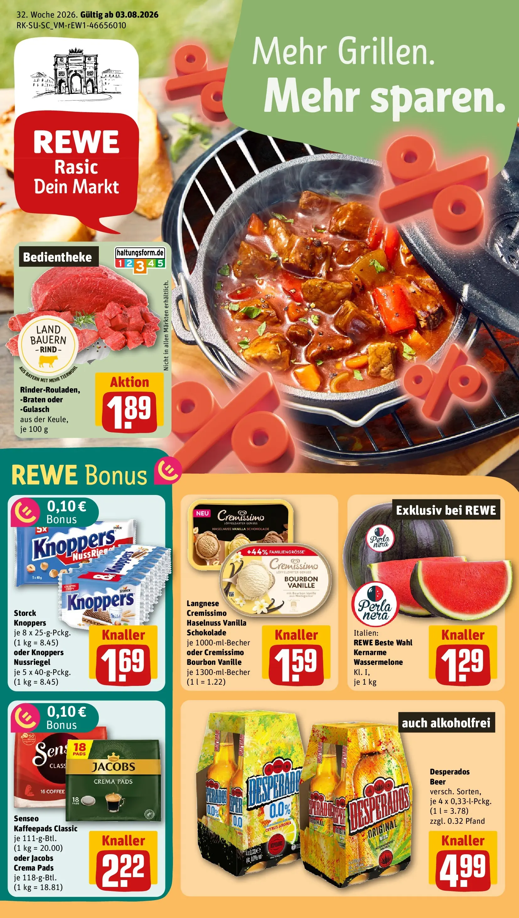 REWE Prospekt ab 03.08.2026 zum Blättern » Angebote | Seite: 1 | Produkte: Langnese, Cremissimo, Gulasch, Desperados