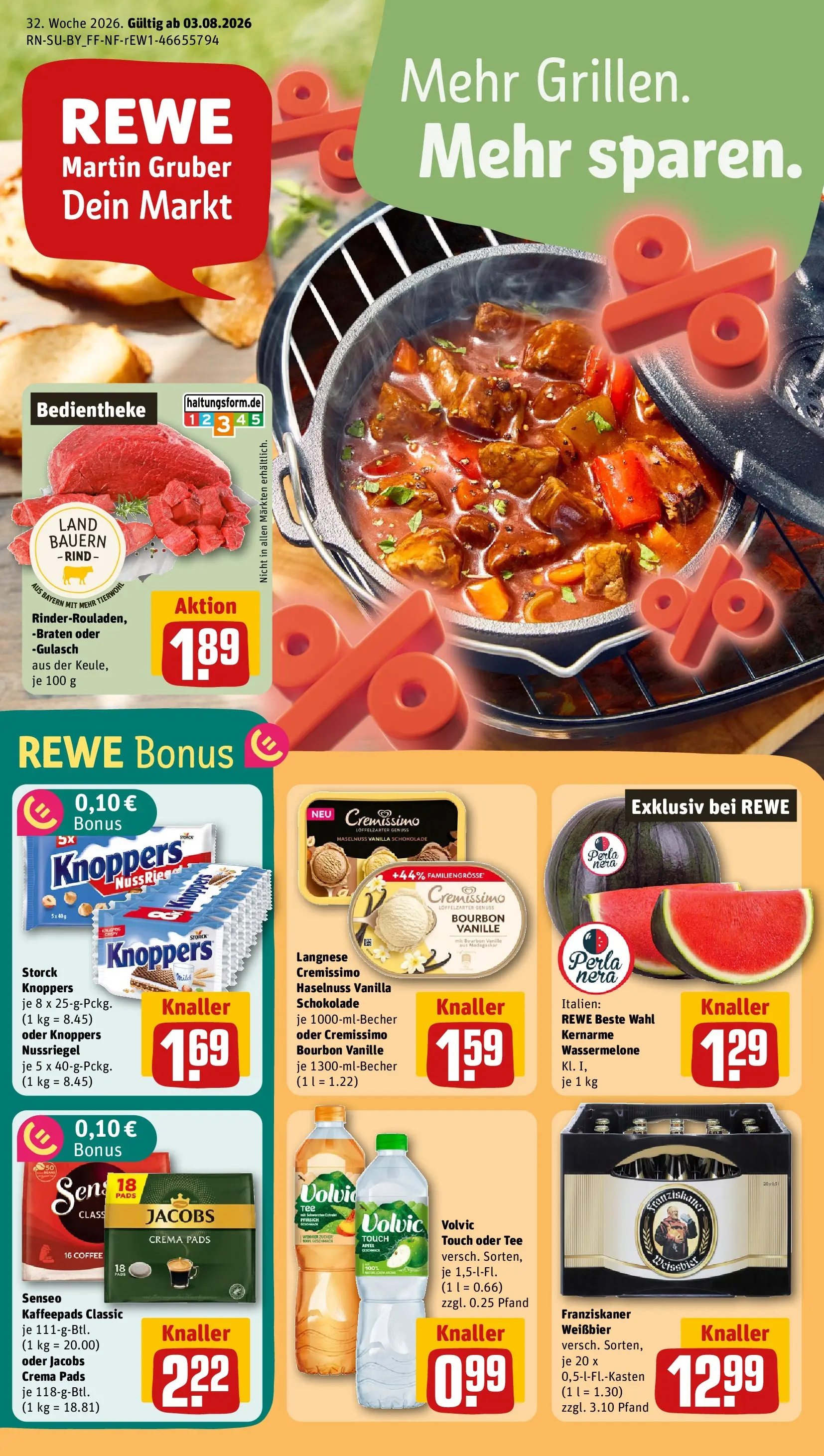 REWE Prospekt ab 03.08.2026 zum Blättern » Angebote | Seite: 1 | Produkte: Senseo, Langnese, Cremissimo, Äpfel