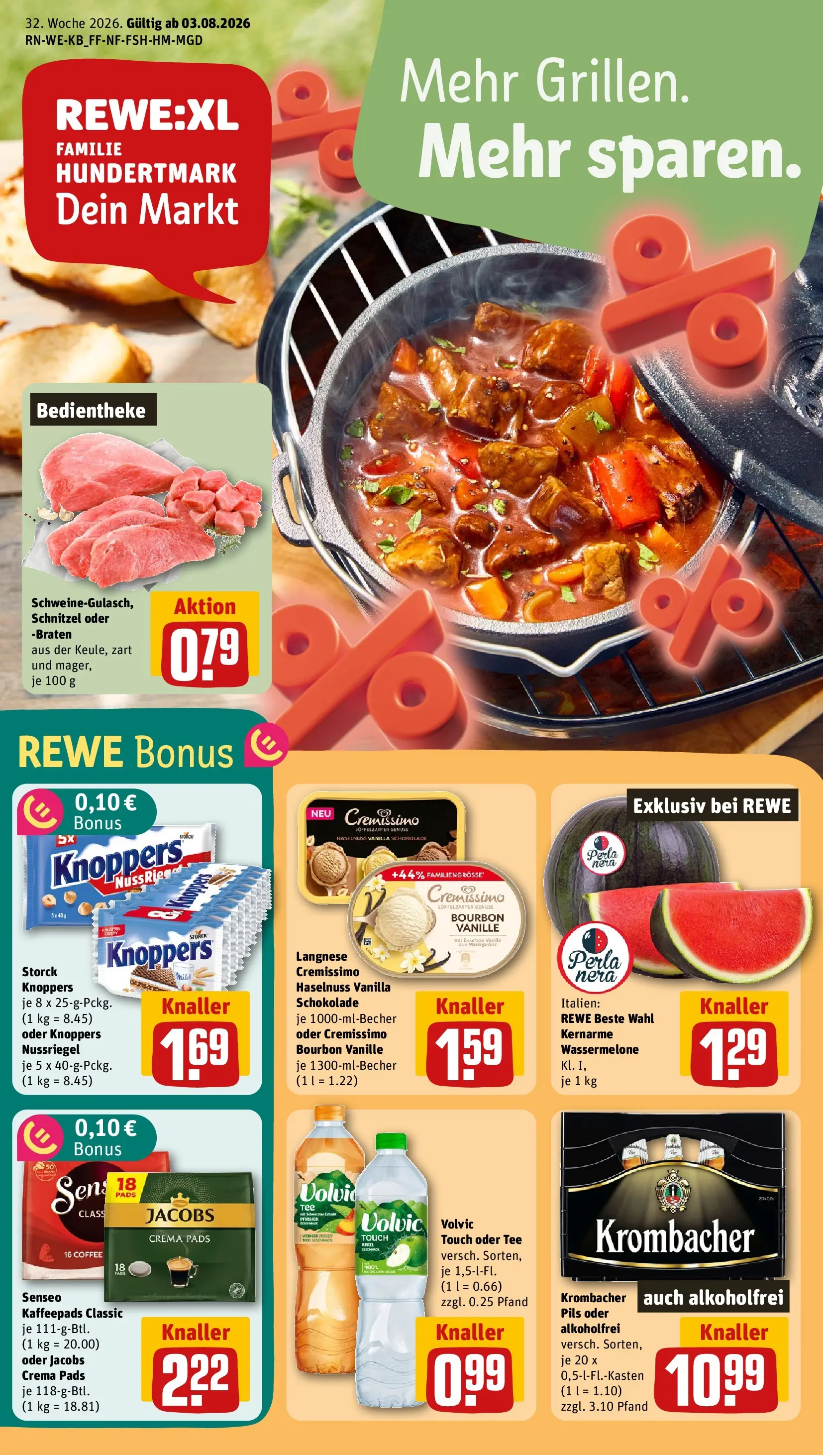REWE Prospekt ab 03.08.2026 zum Blättern » Angebote | Seite: 1 | Produkte: Senseo, Kaffeepads, Schnitzel, Volvic