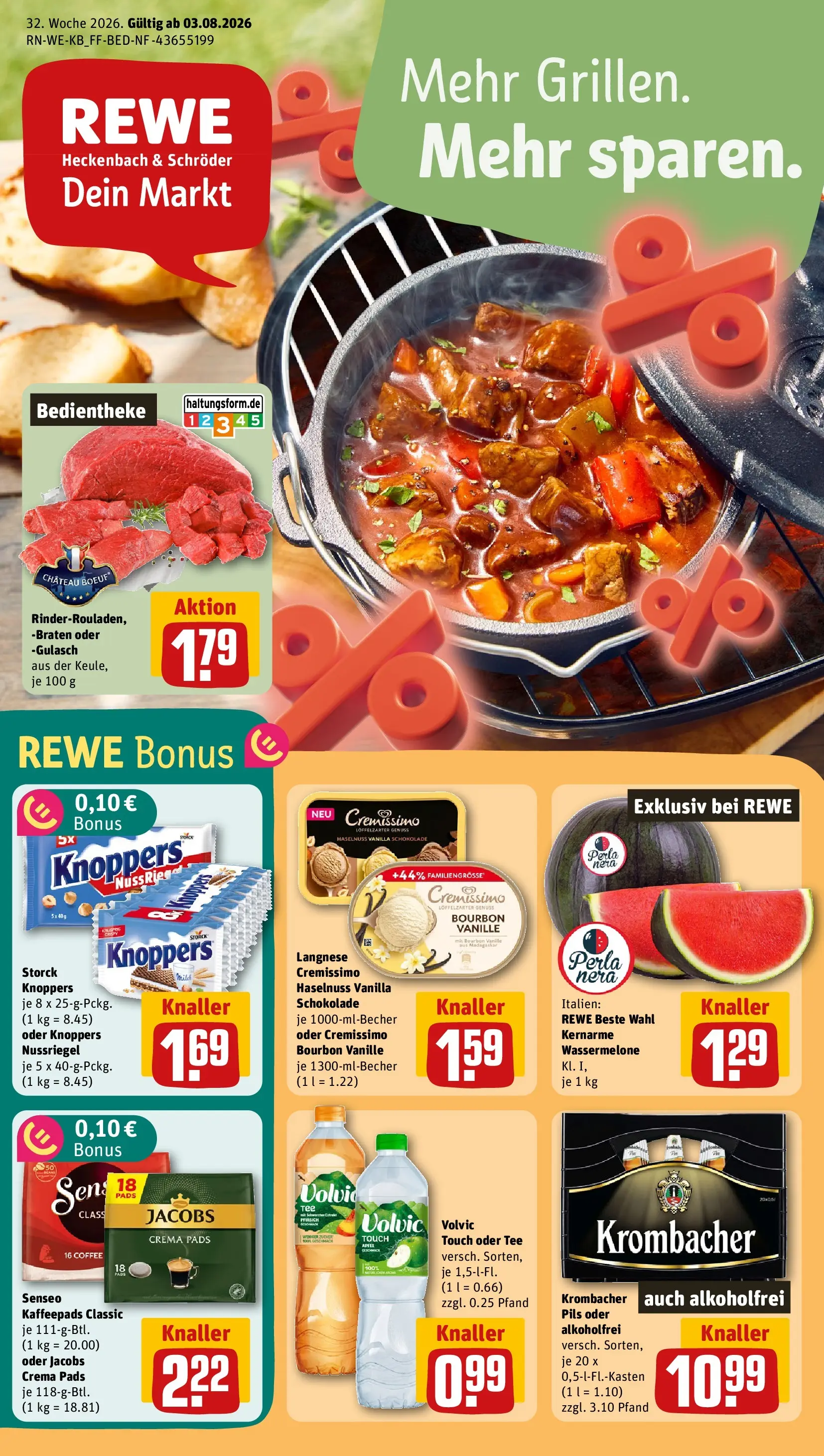 REWE Prospekt ab 03.08.2026 zum Blättern » Angebote | Seite: 1 | Produkte: Kaffeepads, Gulasch, Krombacher, Tee