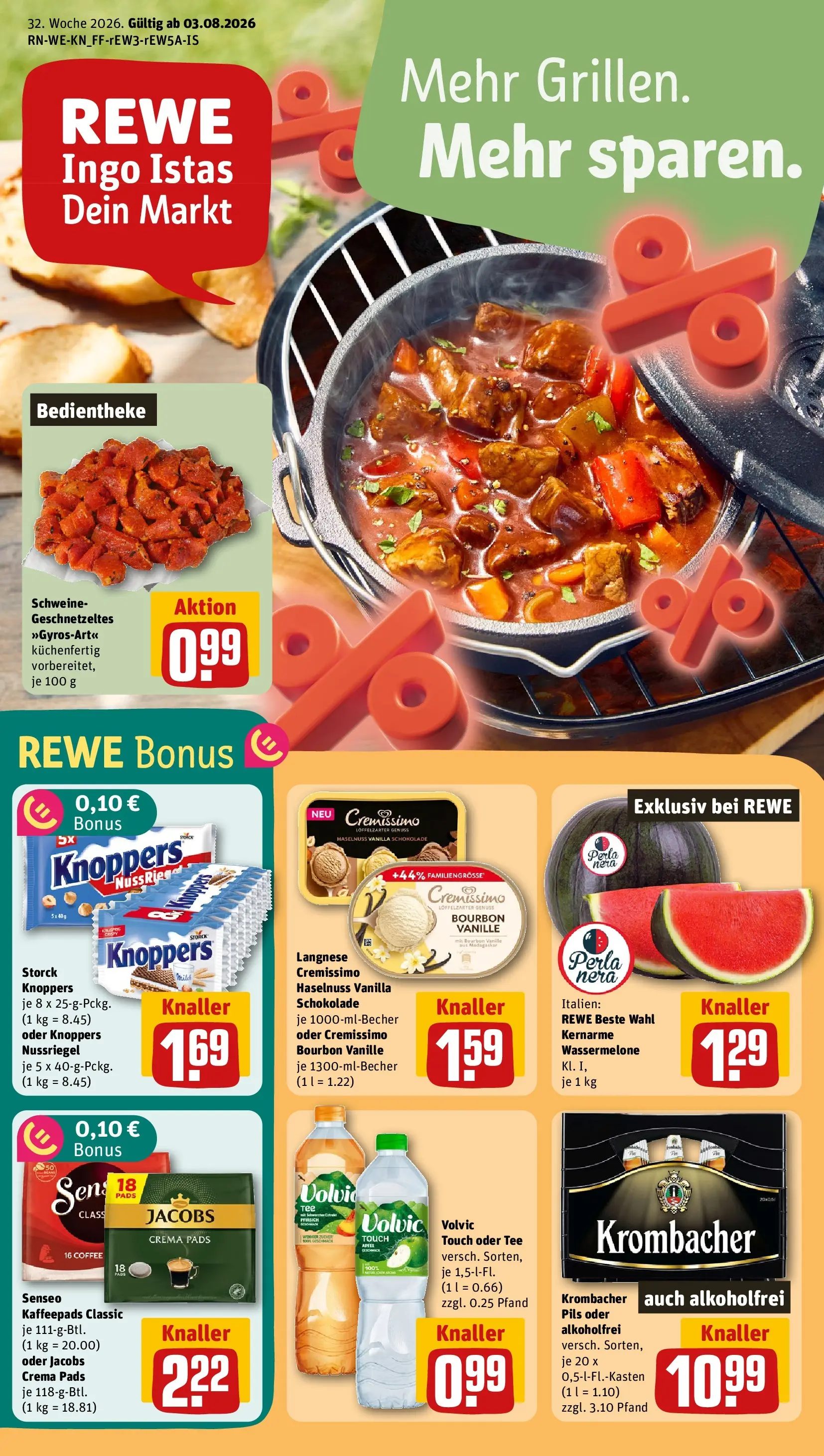 REWE Prospekt ab 03.08.2026 zum Blättern » Angebote | Seite: 1 | Produkte: Kaffeepads, Äpfel, Pfirsich, Tee