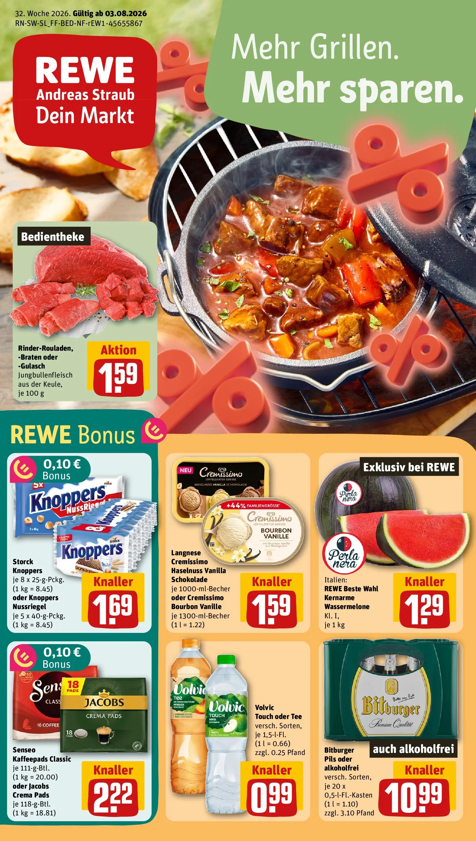 REWE Prospekt ab 03.08.2026 zum Blättern » Angebote | Seite: 1 | Produkte: Schokolade, Pfirsich, Knoppers, Bourbon