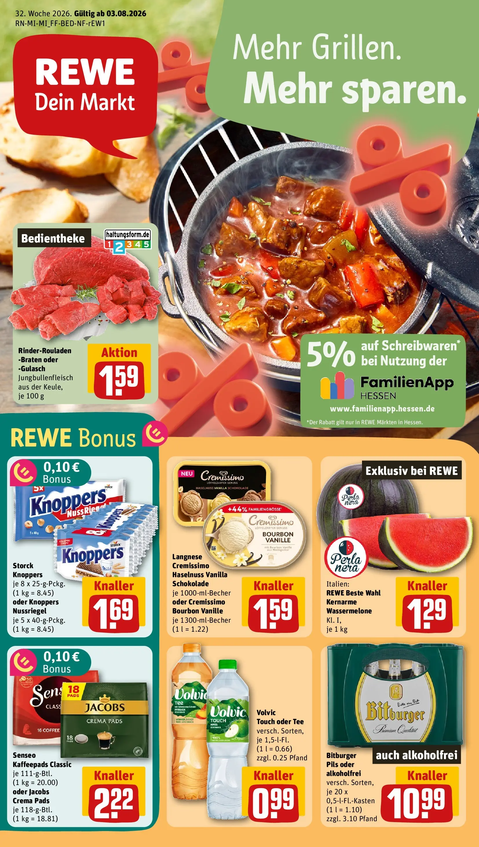 REWE Prospekt ab 03.08.2026 zum Blättern » Angebote | Seite: 1 | Produkte: Senseo, Langnese, Knoppers, Bourbon