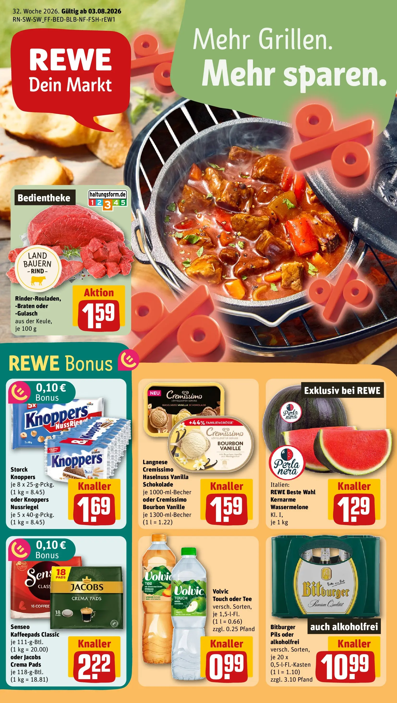 REWE Prospekt ab 03.08.2026 zum Blättern » Angebote | Seite: 1 | Produkte: Senseo, Langnese, Äpfel, Volvic