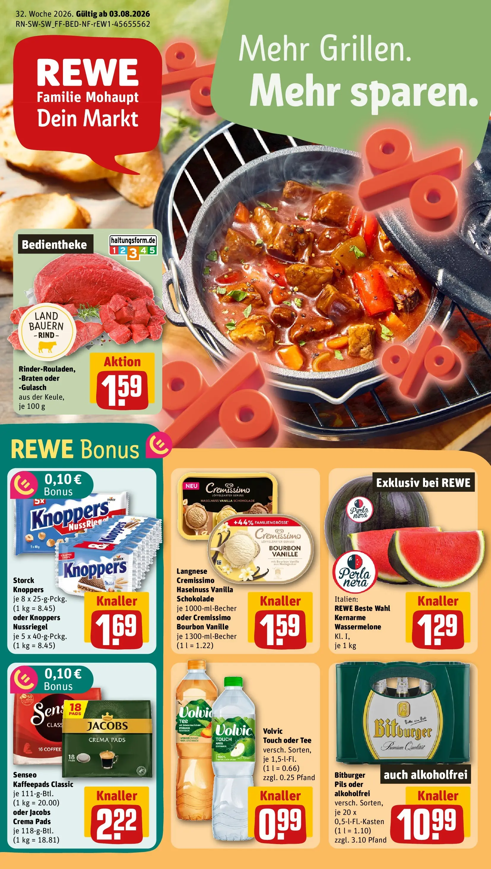 REWE Prospekt ab 03.08.2026 zum Blättern » Angebote | Seite: 1 | Produkte: Langnese, Wassermelone, Bourbon, Volvic