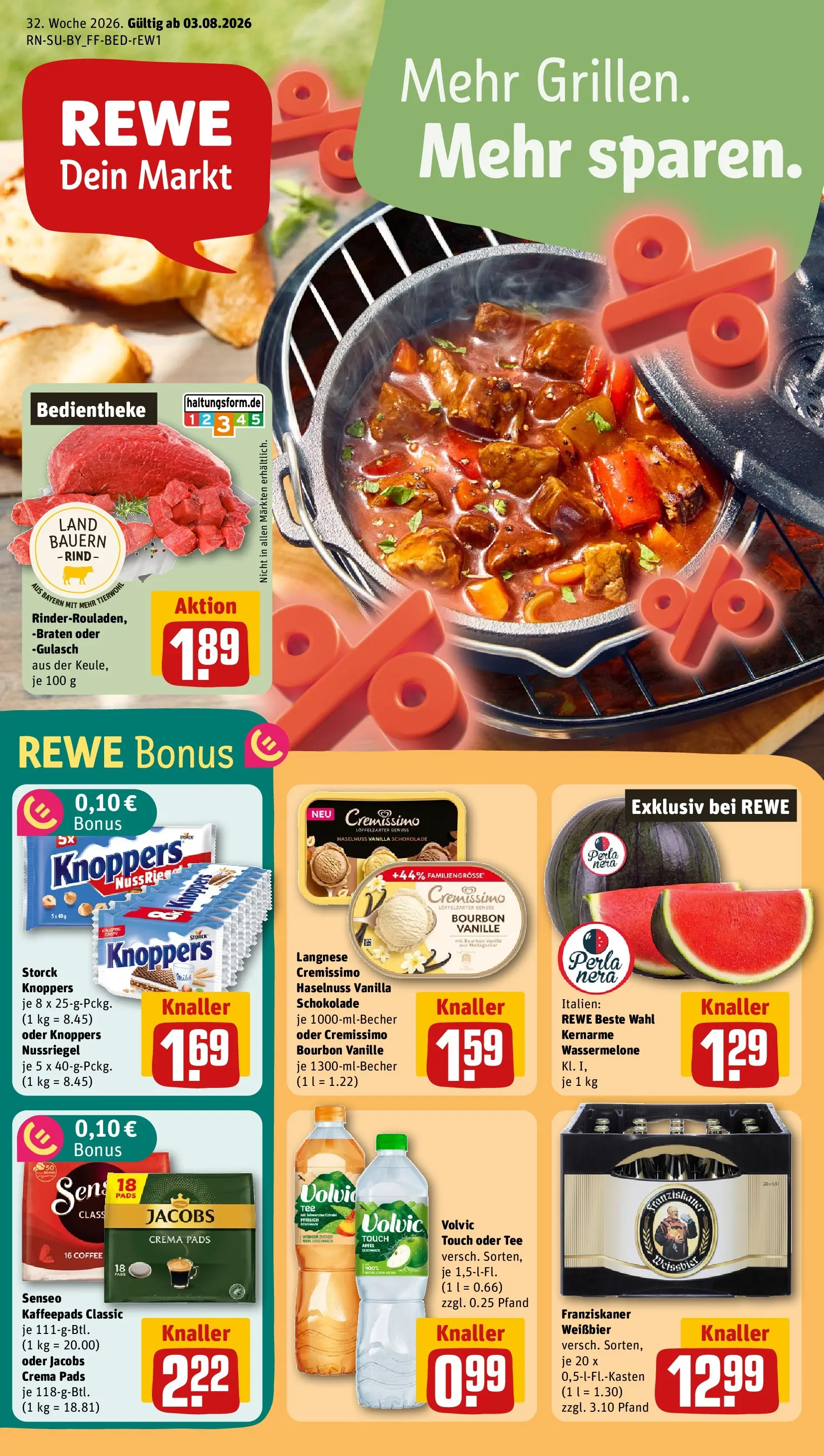 REWE Prospekt ab 03.08.2026 zum Blättern » Angebote | Seite: 1 | Produkte: Langnese, Franziskaner, Gulasch, Volvic