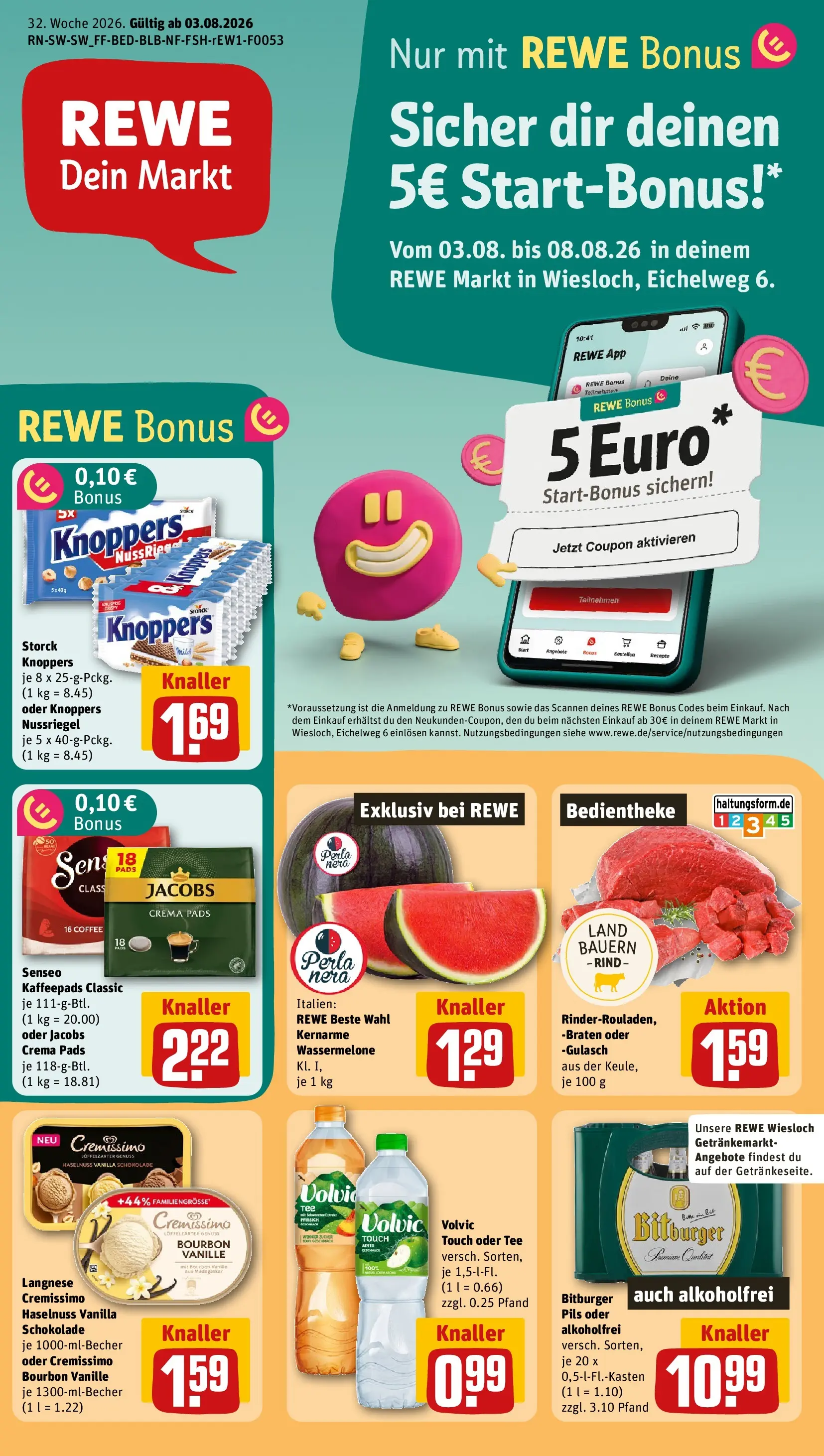 REWE Prospekt ab 03.08.2026 zum Blättern » Angebote | Seite: 1 | Produkte: Cremissimo, Schokolade, Äpfel, Gulasch