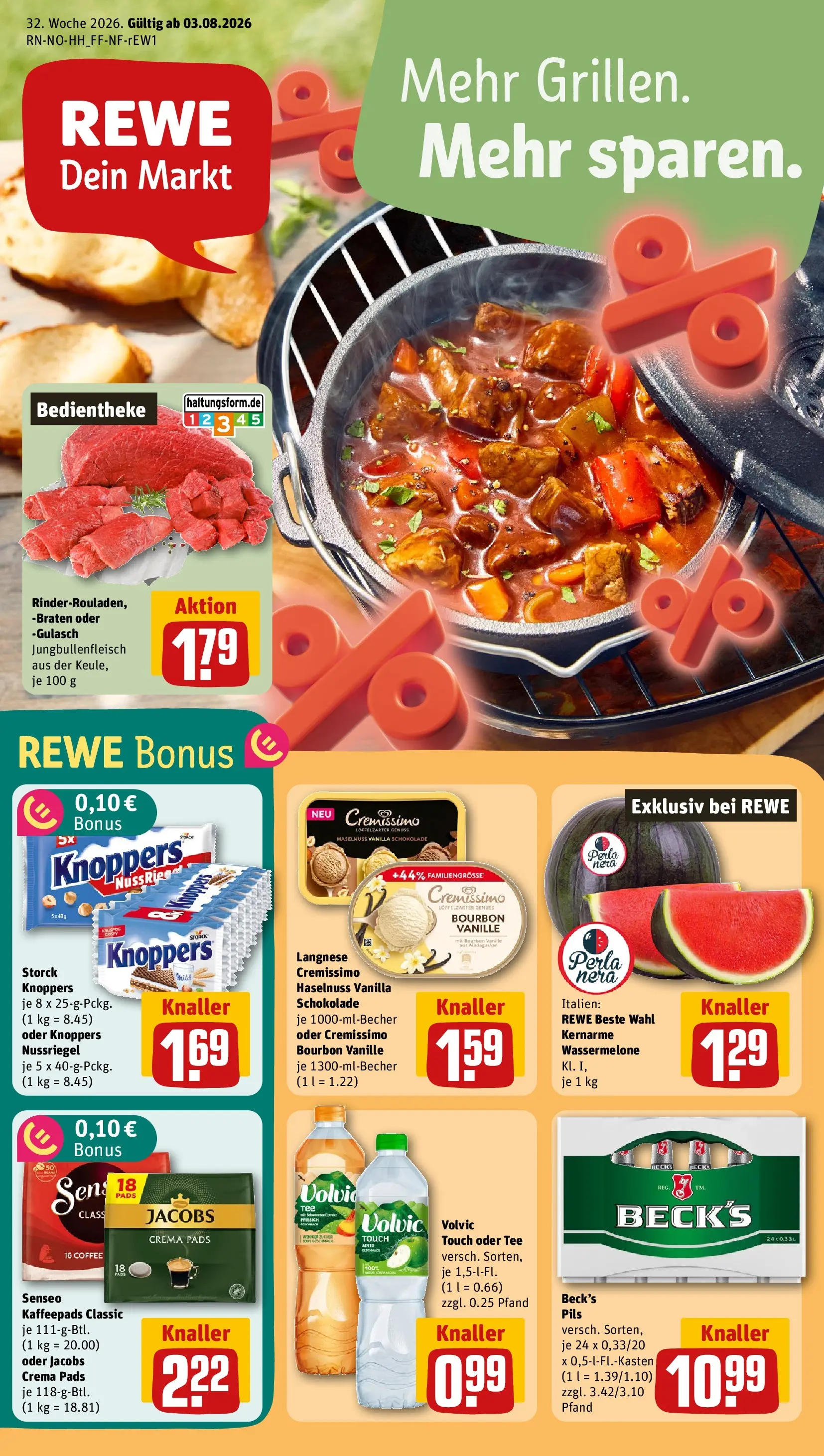 REWE Prospekt ab 03.08.2026 zum Blättern » Angebote | Seite: 1 | Produkte: Senseo, Cremissimo, Schokolade, Pfirsich