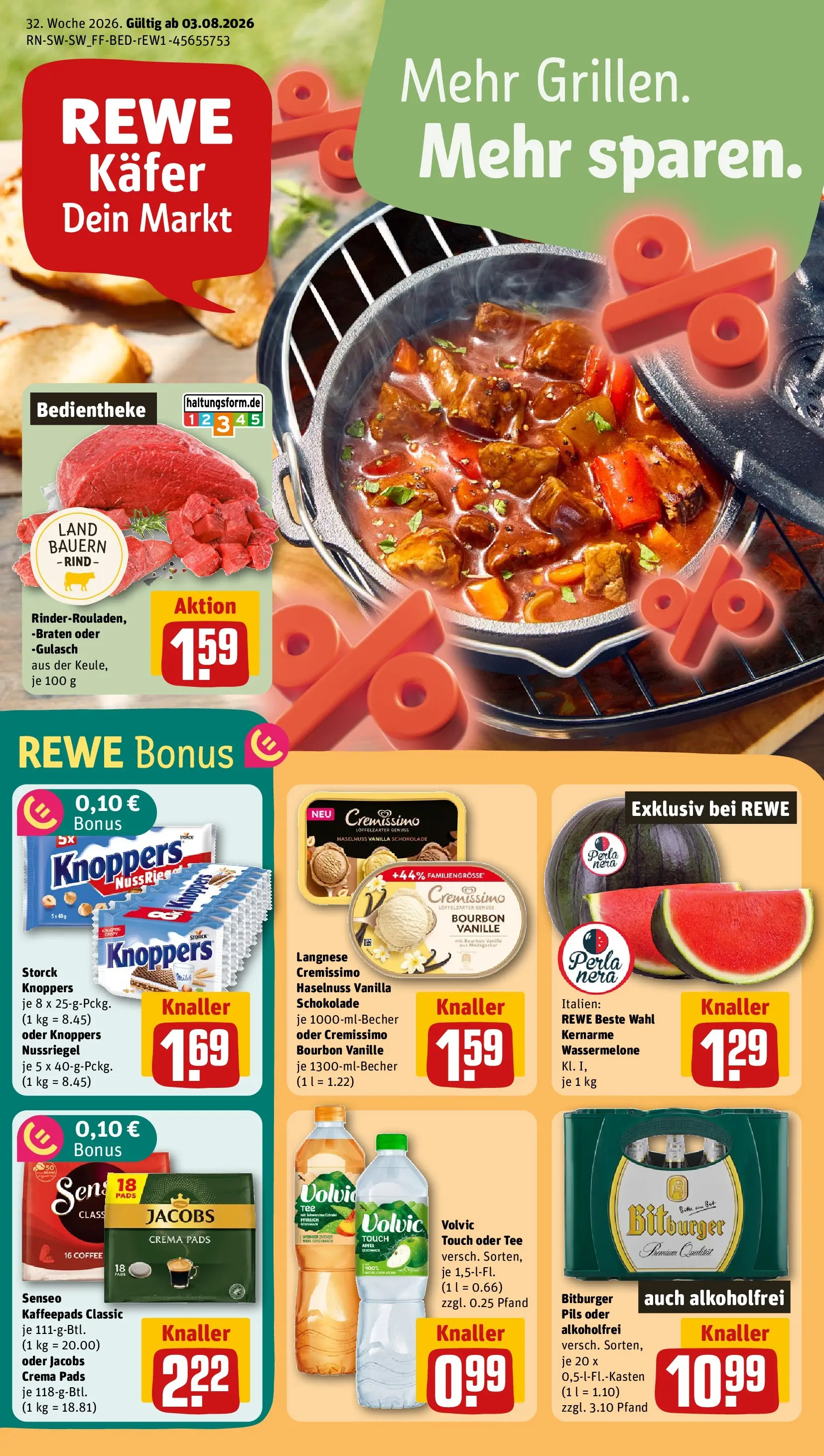 REWE Prospekt ab 03.08.2026 zum Blättern » Angebote | Seite: 1 | Produkte: Langnese, Äpfel, Knoppers, Volvic