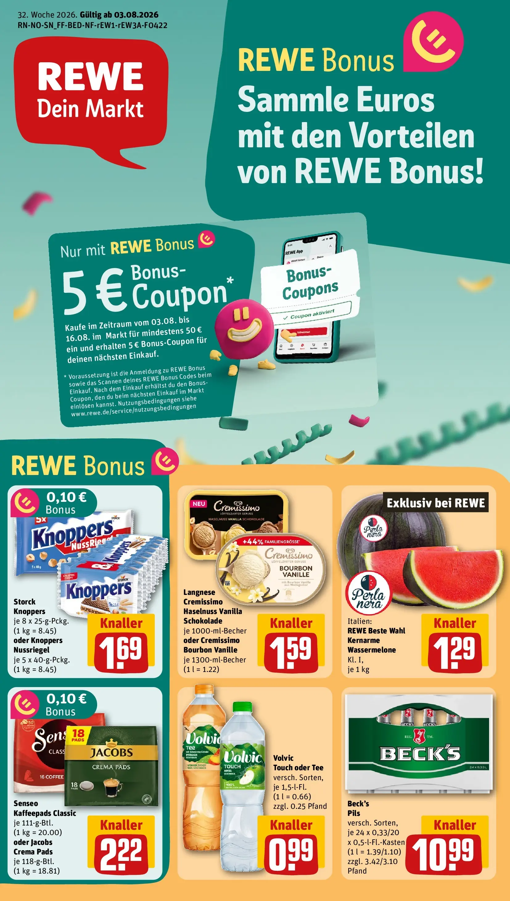 REWE Prospekt ab 03.08.2026 zum Blättern » Angebote | Seite: 1 | Produkte: Langnese, Cremissimo, Äpfel, Wassermelone