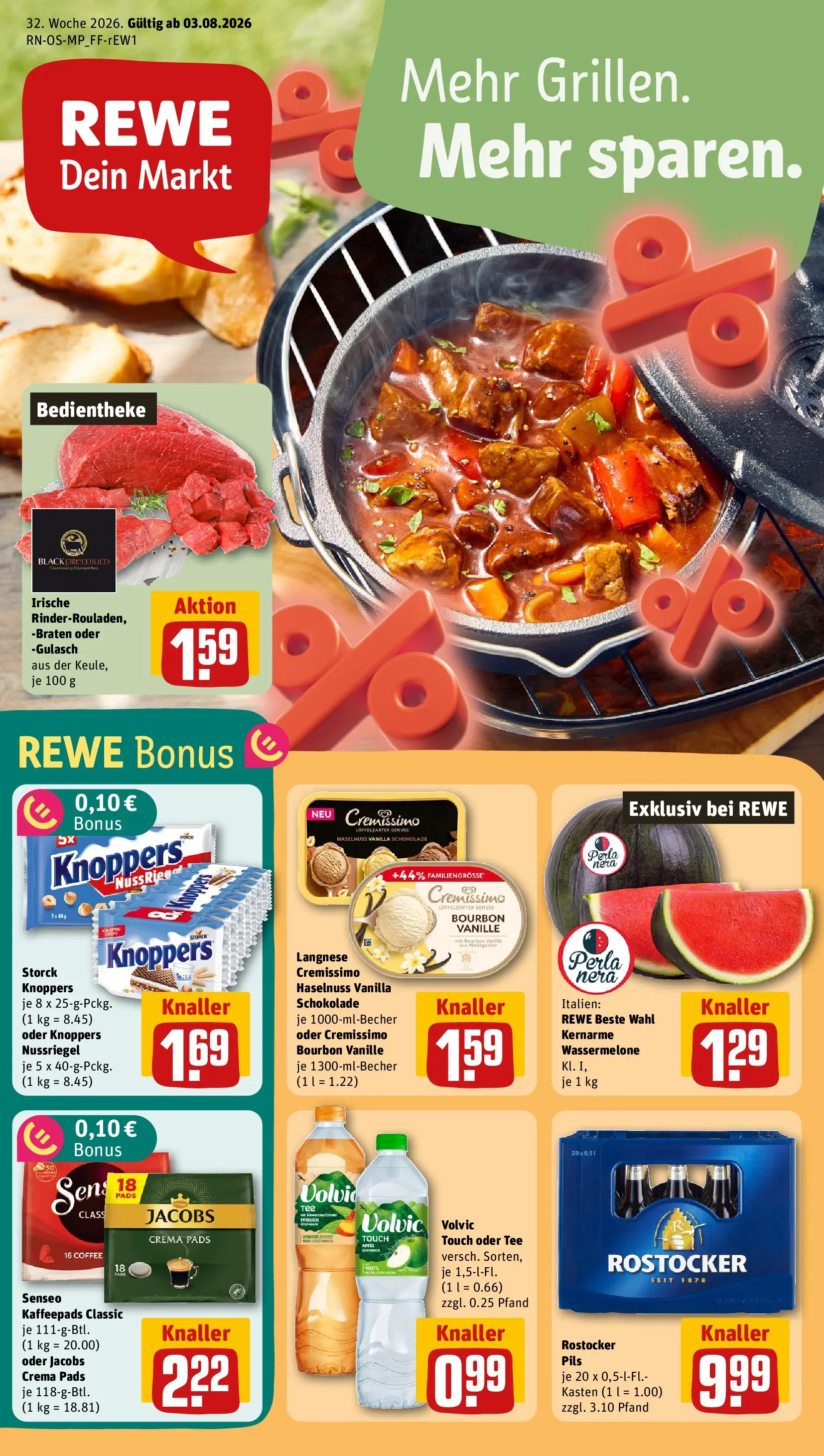 REWE Prospekt ab 03.08.2026 zum Blättern » Angebote | Seite: 1 | Produkte: Äpfel, Gulasch, Bourbon, Volvic