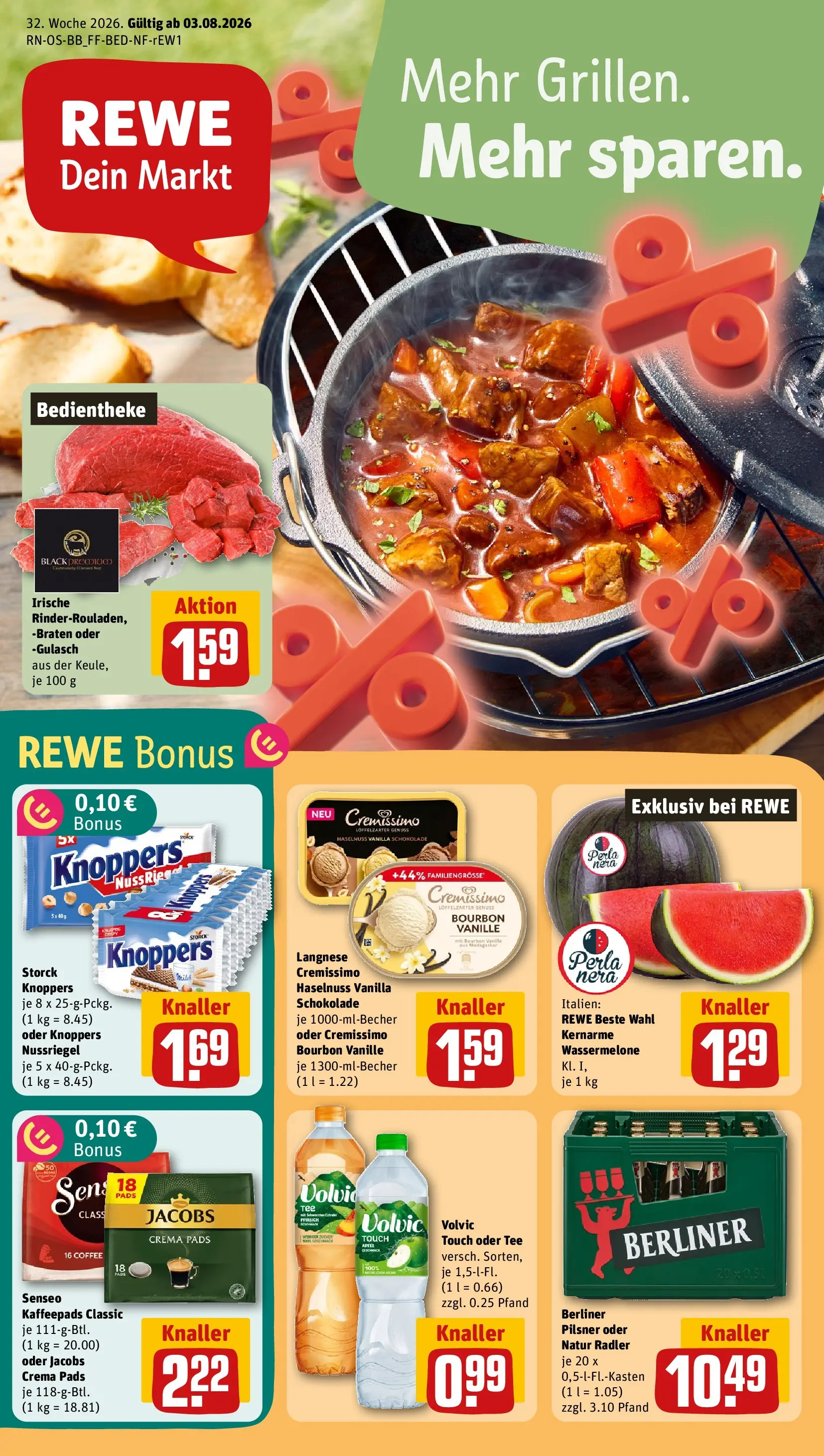 REWE Prospekt ab 03.08.2026 zum Blättern » Angebote | Seite: 1 | Produkte: Langnese, Cremissimo, Äpfel, Pfirsich