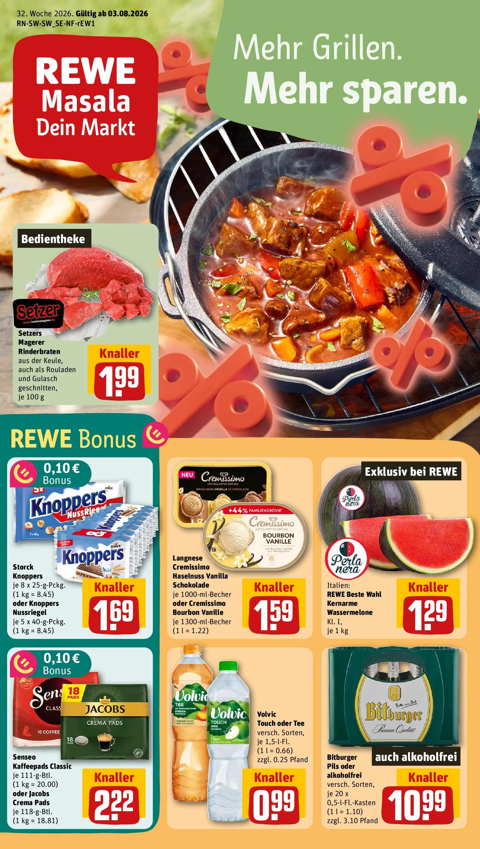 REWE Prospekt ab 03.08.2026 zum Blättern » Angebote | Seite: 1 | Produkte: Cremissimo, Schokolade, Gulasch, Bourbon