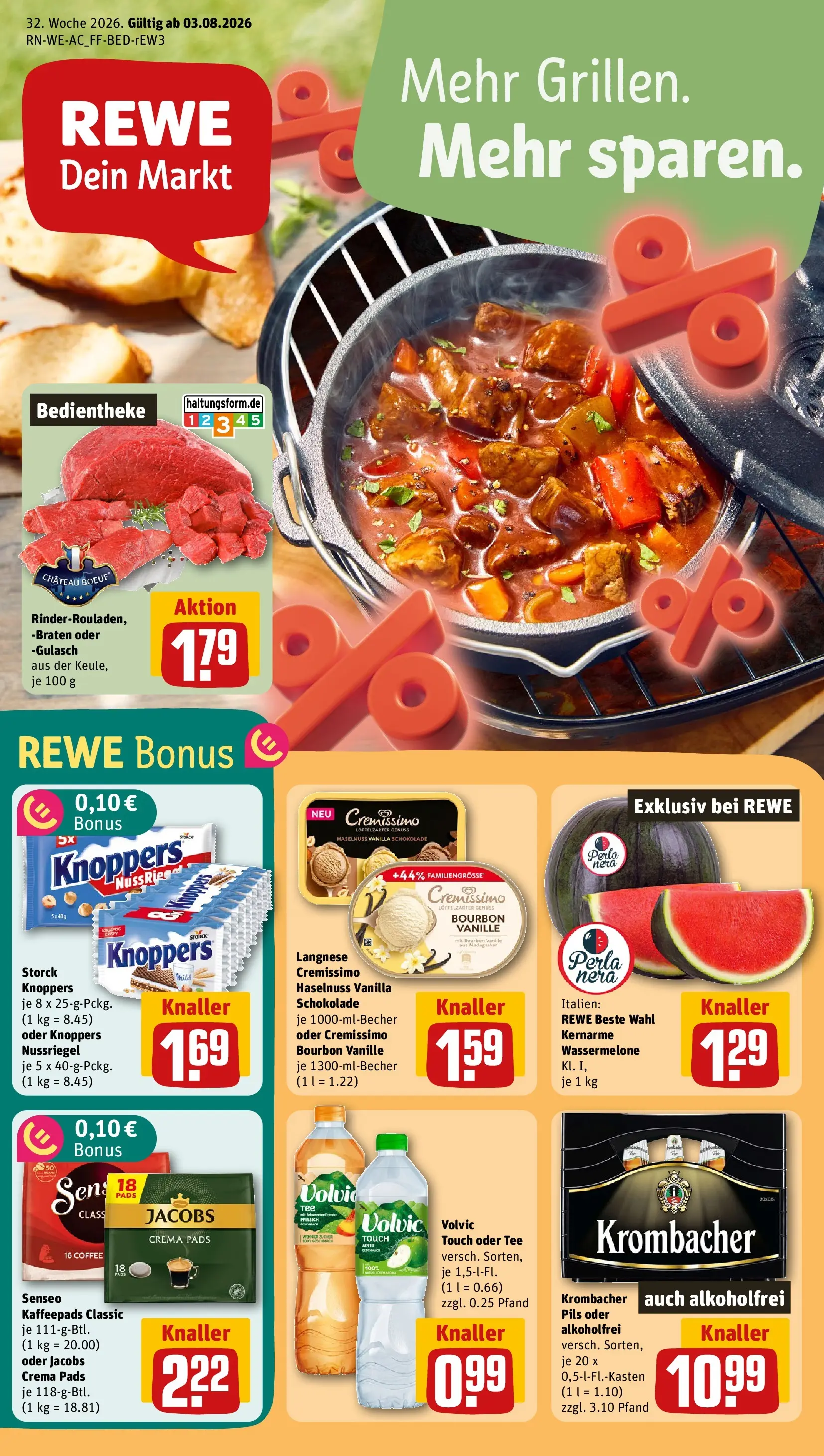 REWE Prospekt ab 03.08.2026 zum Blättern » Angebote | Seite: 1 | Produkte: Gulasch, Knoppers, Wassermelone, Volvic