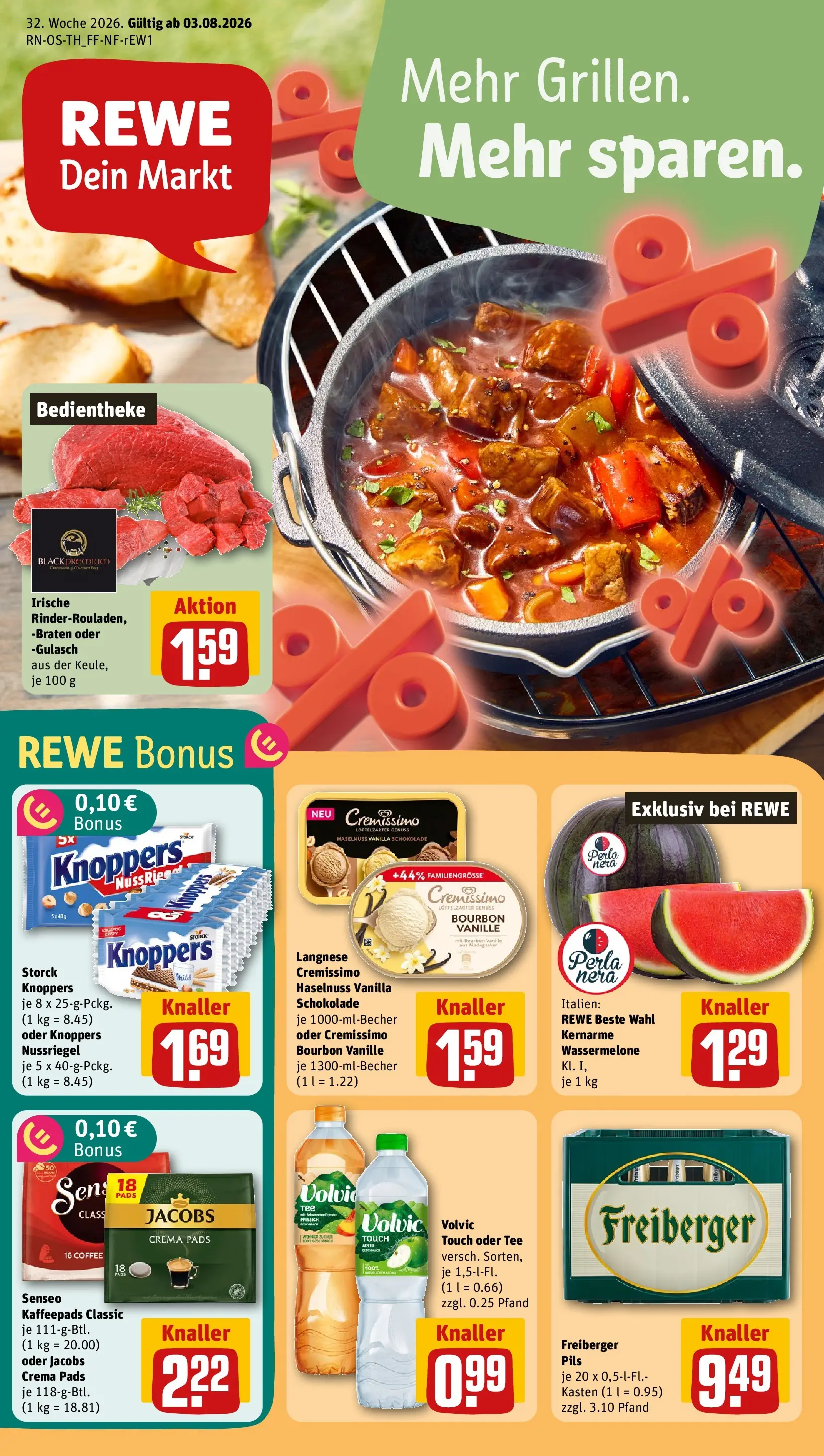 REWE Prospekt ab 03.08.2026 zum Blättern » Angebote | Seite: 1 | Produkte: Äpfel, Gulasch, Wassermelone, Bourbon